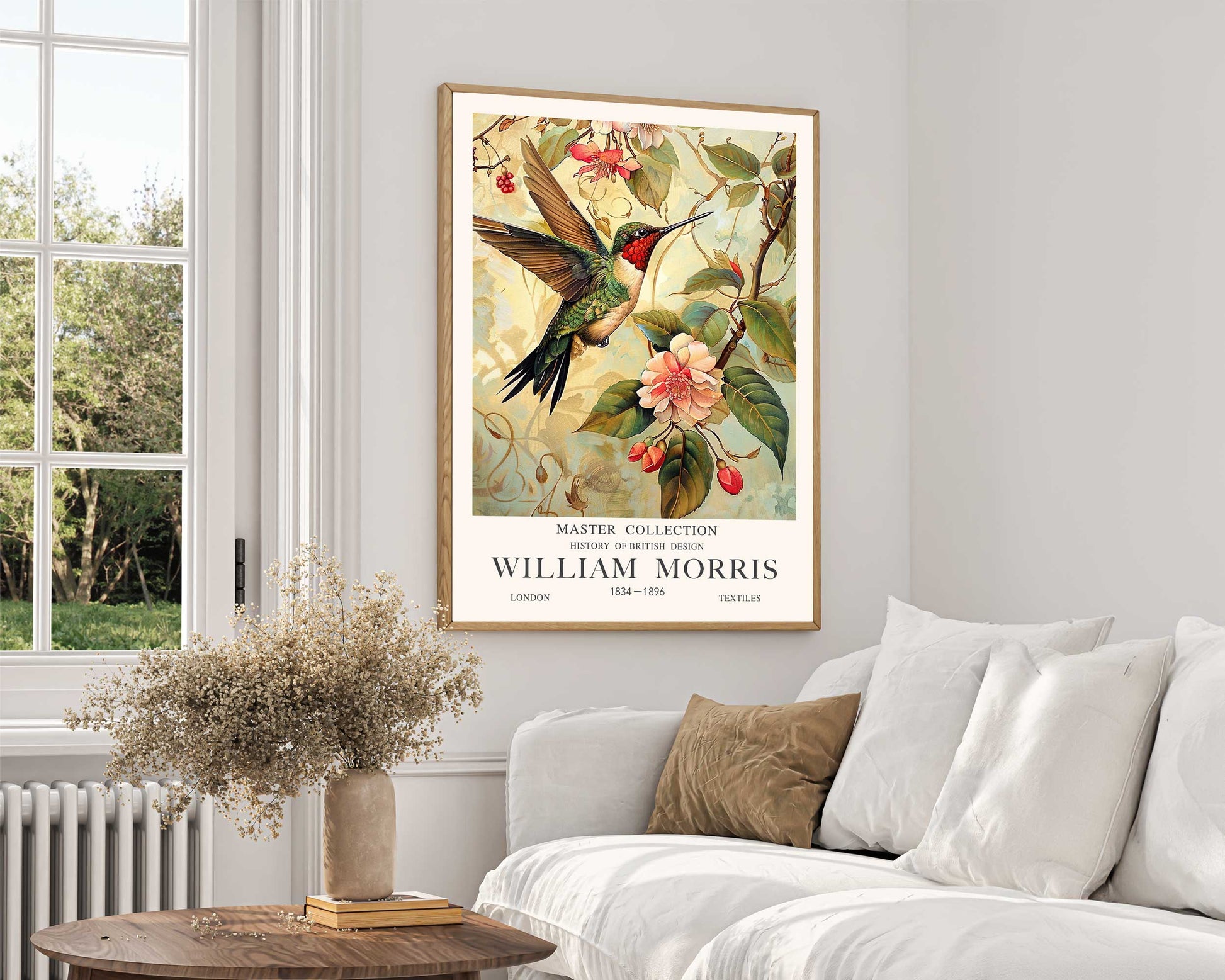 Humming Bird, Vintage William Morris Style Bird  green and pink Print