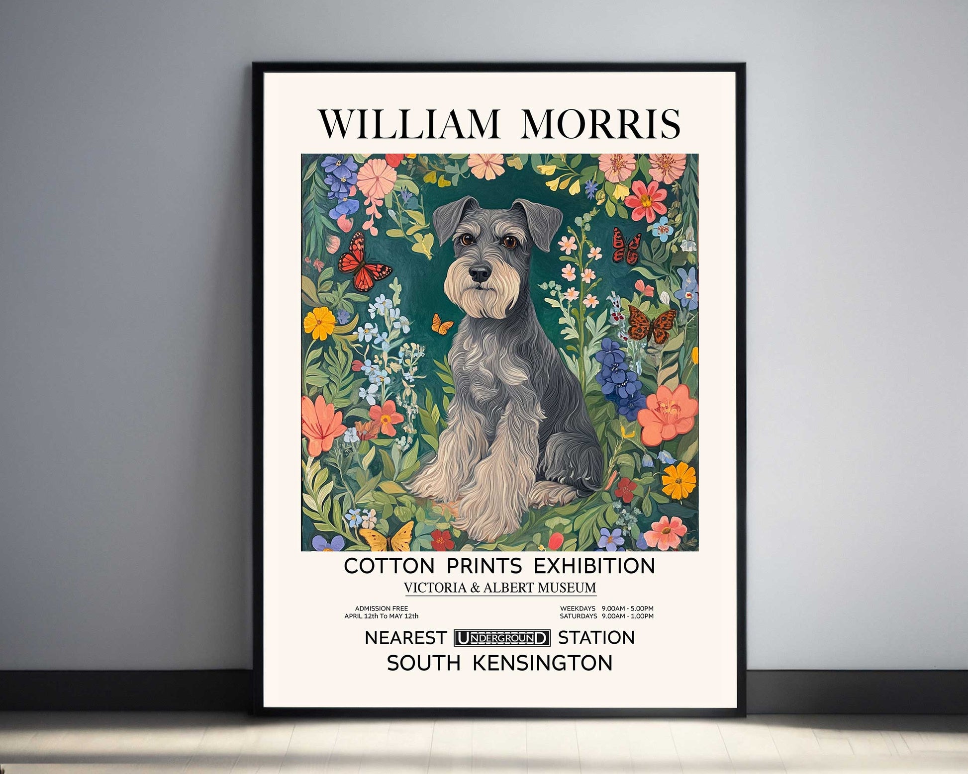 William Morris-inspired Schnauzer dog print for pet lovers.