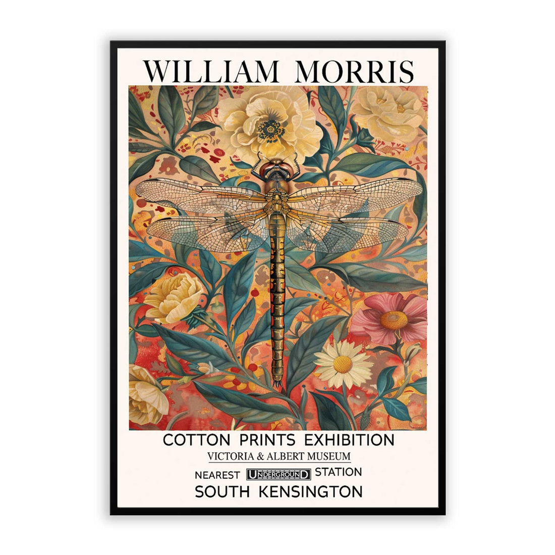 Vintage Yellow Dragonfly, William Morris Style Print 