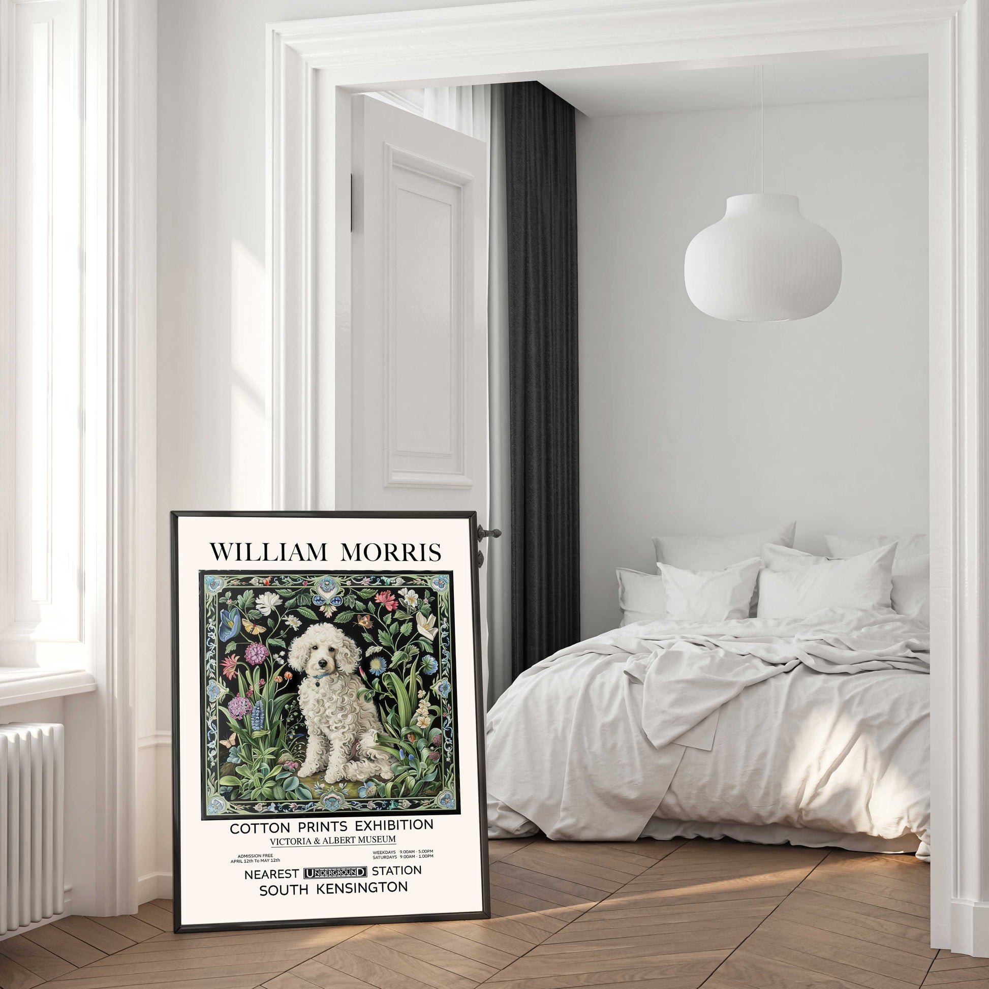 William Morris White Poodle Art Print – Vintage Floral Decor for Poodle Lovers