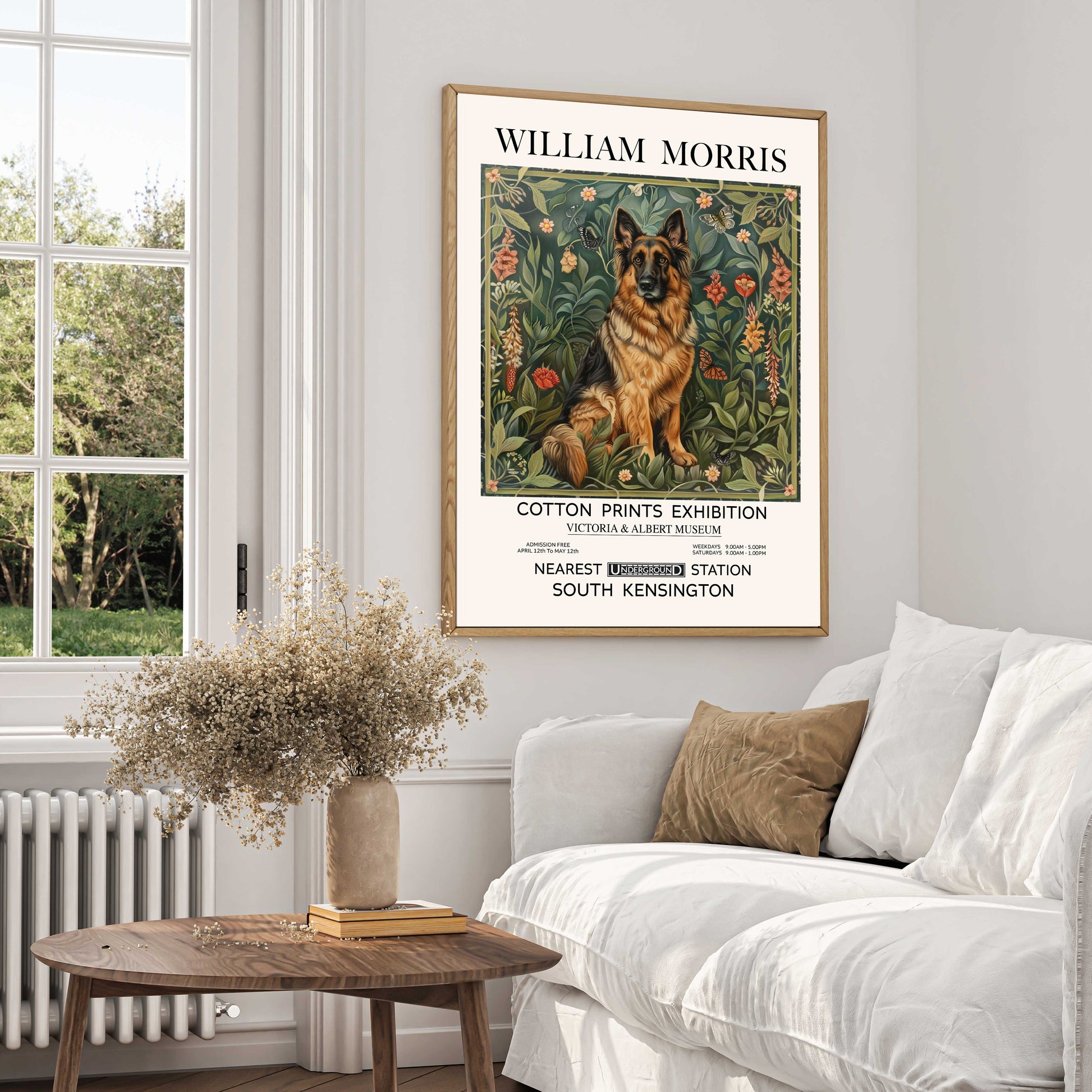 William Morris dog art print featuring vintage floral design, perfect for classic home decor, Victorian-inspired wall art, and animal lovers looking for unique art prints.