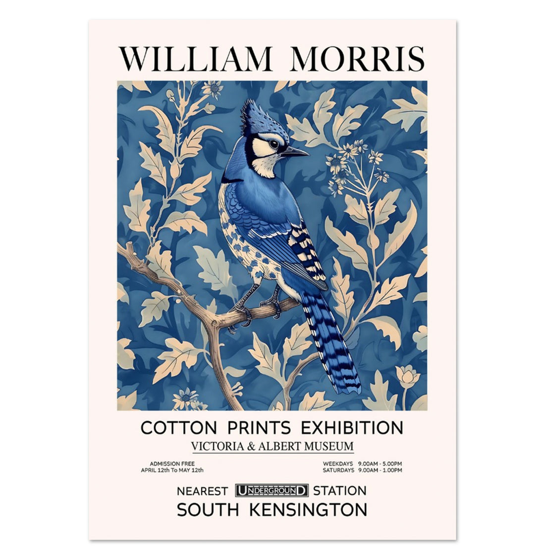 Blue Jay, Vintage William Morris Style Bird Print