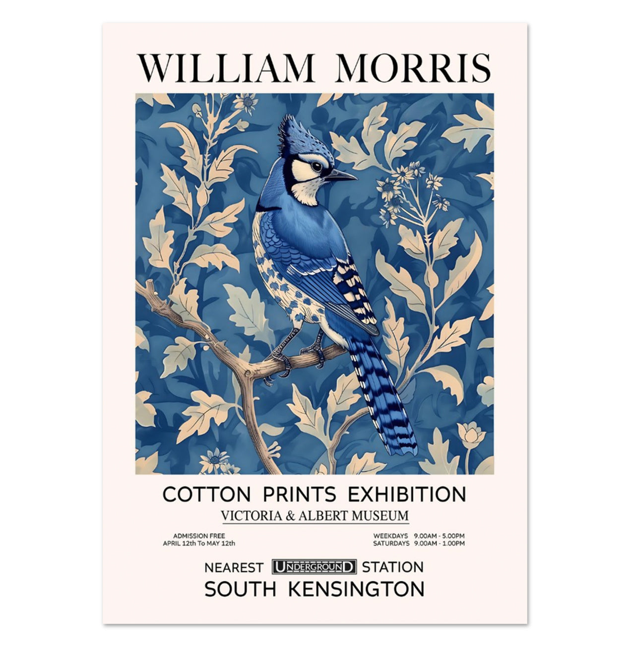 Blue Jay, Vintage William Morris Style Bird Print