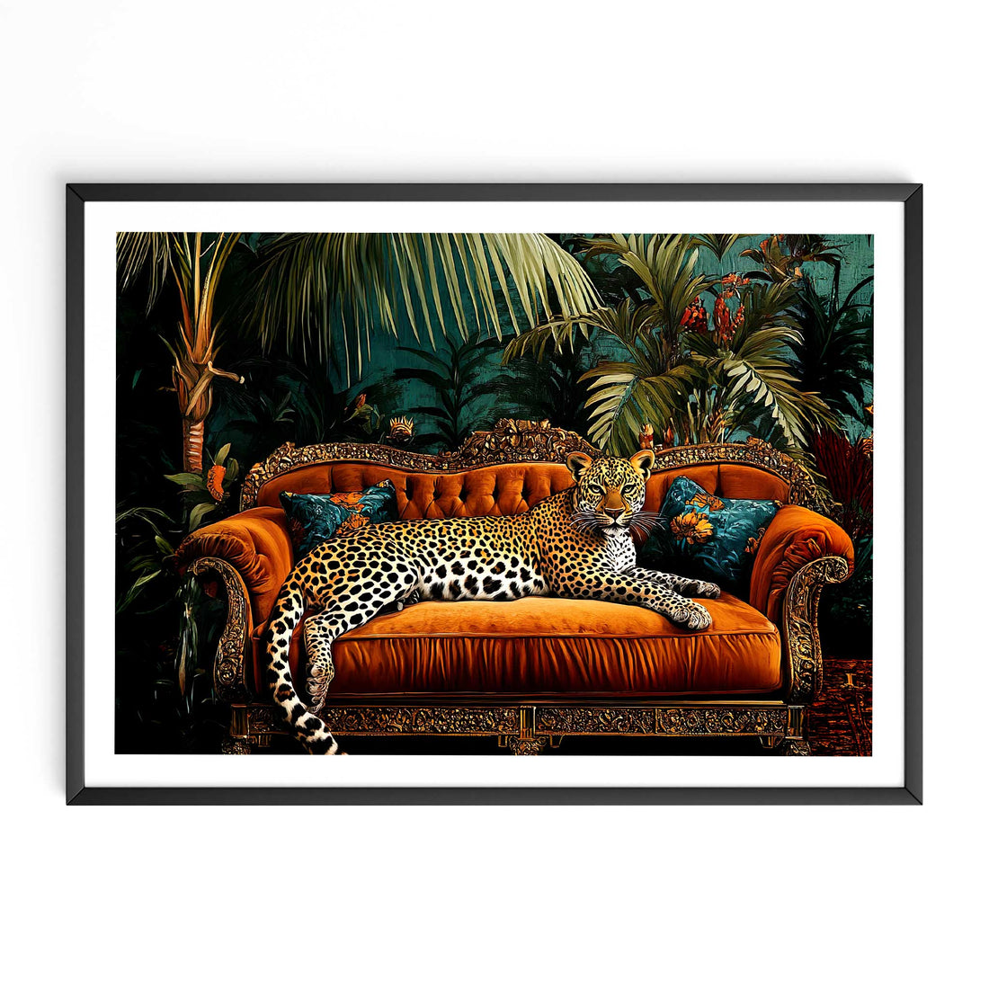 Maximalist Leopard on couch – Animal Print with Floral Botanical Frame Decor