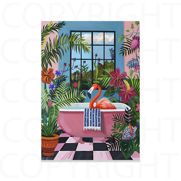 Pink Flamingo In the Bath, Bathroom Maximalist Art Print