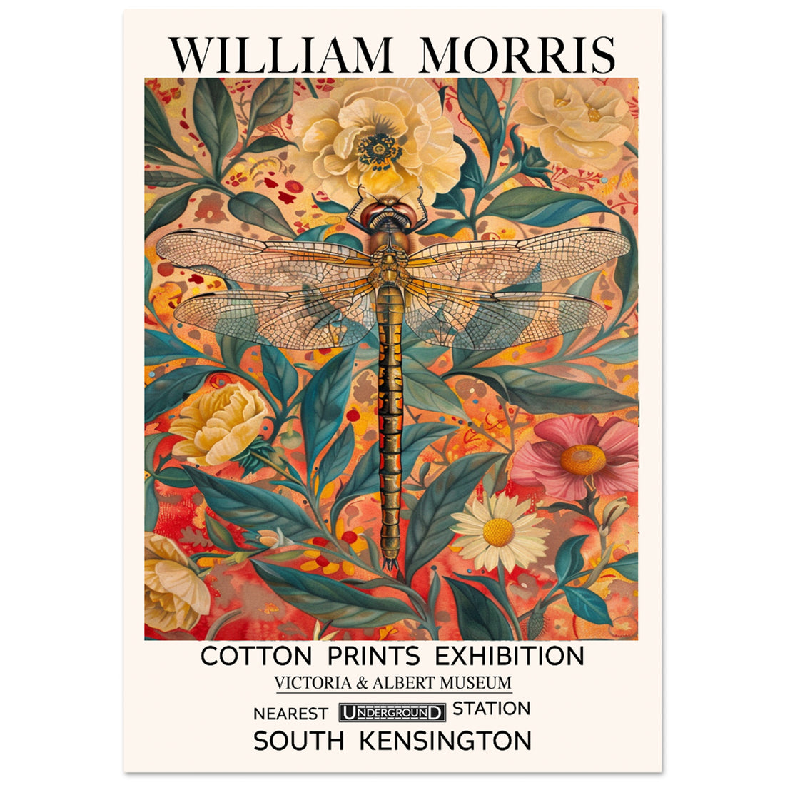Vintage Yellow Dragonfly, William Morris Style Print 