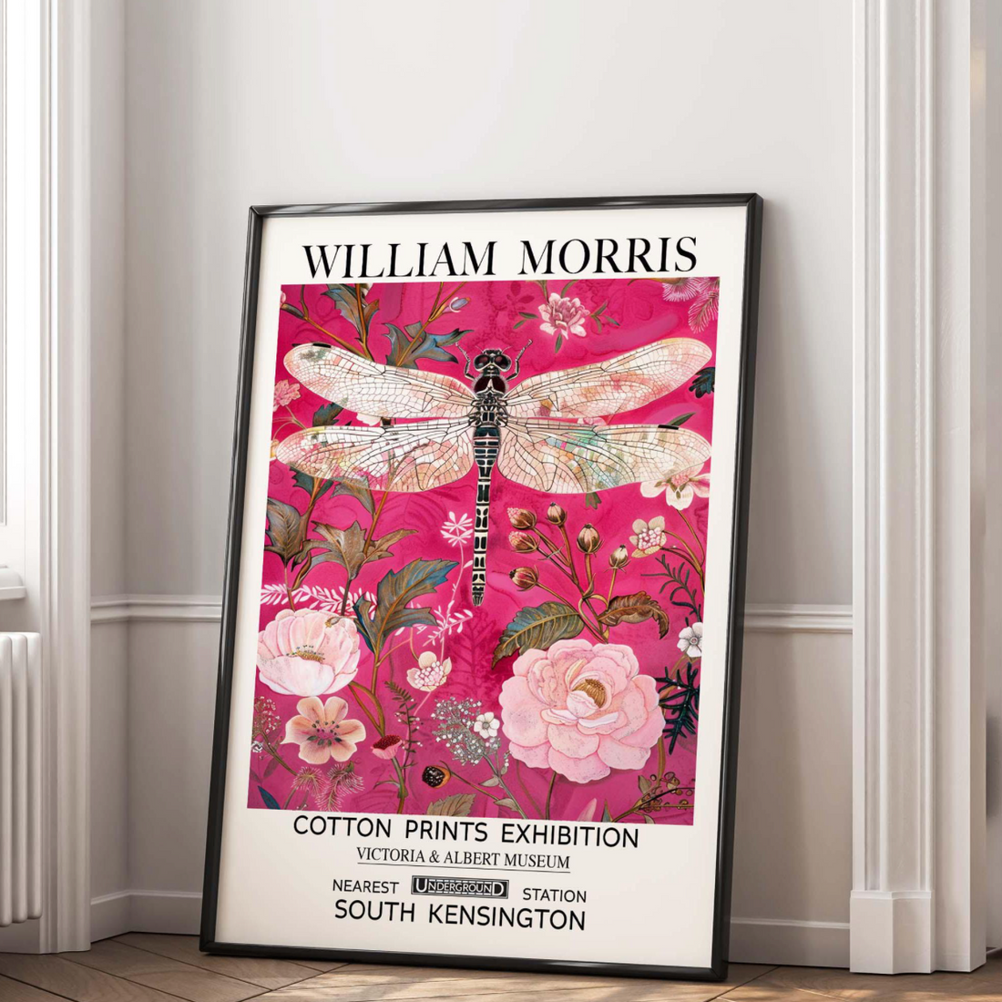 Vintage dragonfly wall art with flowers and botanical background, Vintage nature art, William Morris Print