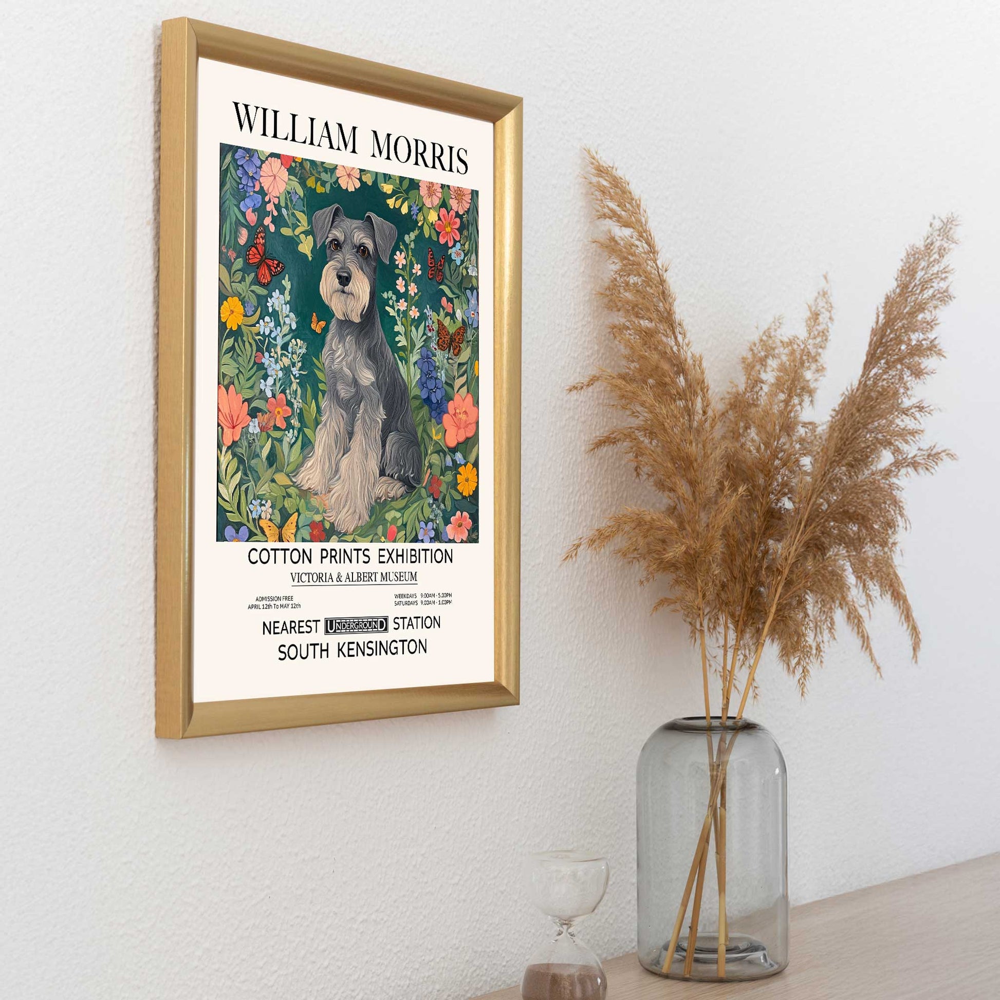 William Morris-inspired Schnauzer dog print for pet lovers.