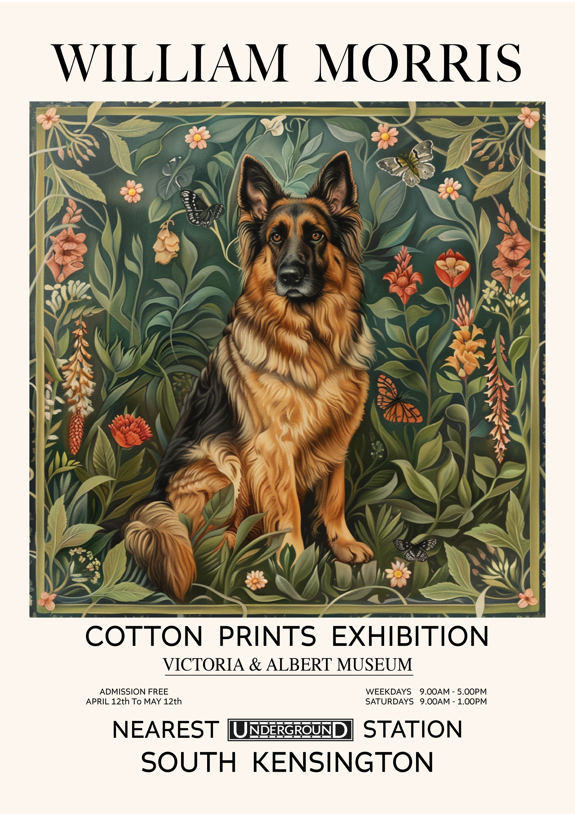 William Morris dog art print featuring vintage floral design, perfect for classic home decor, Victorian-inspired wall art, and animal lovers looking for unique art prints.