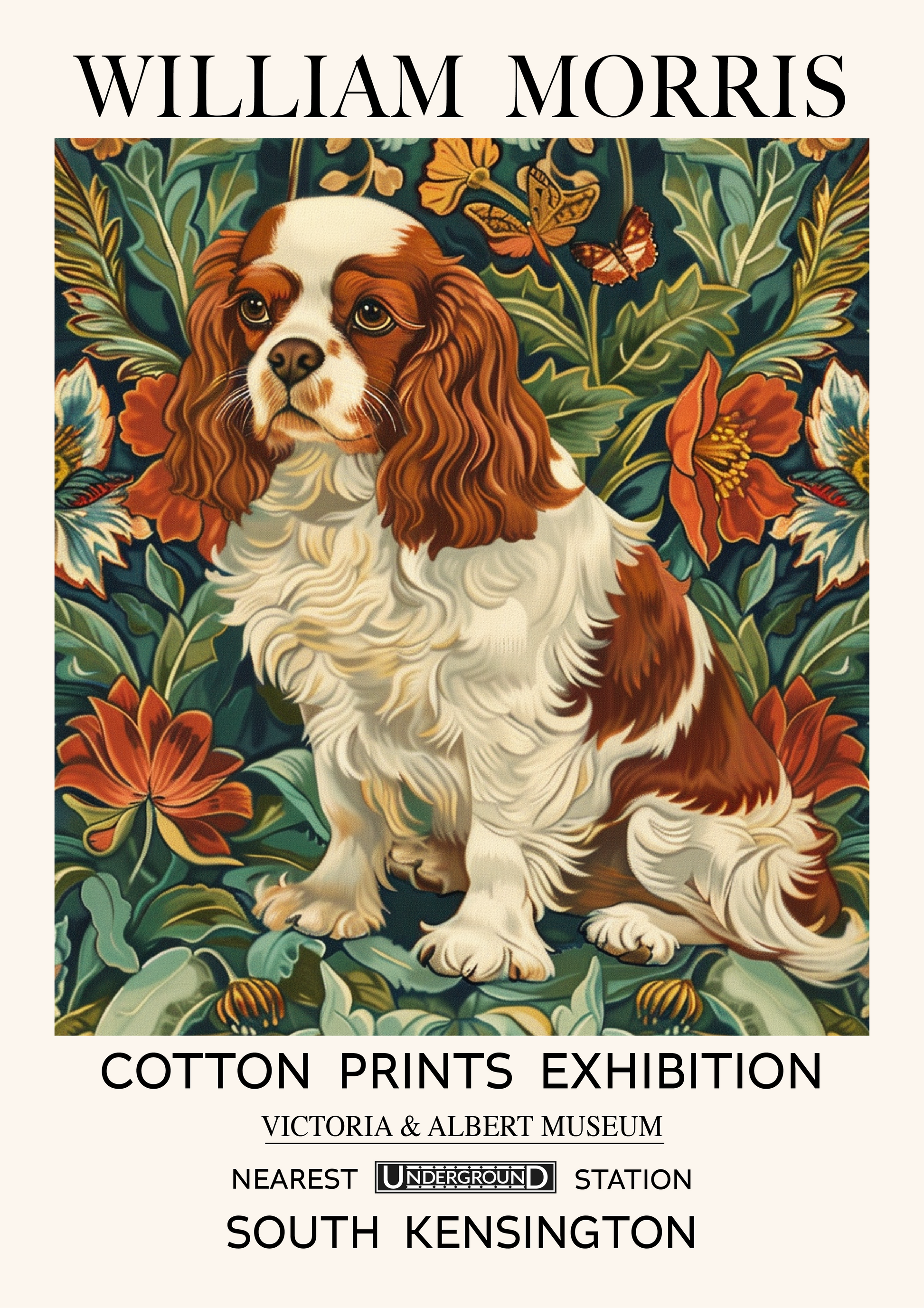 Vintage art print of a Cavalier King Charles Spaniel in classic illustration style, ideal wall decor for pet lovers.