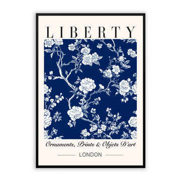 Classic Blue French Toile de Jouy floral art print, vintage-inspired wall art for living room, blue and white Toile floral pattern, 18th-century French countryside decor"