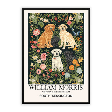 art print featuring 4 Labrador Dogs in White colour, black colour, brown coolur and beige colour, flowers and blue butterflies, gift for dog lovers and pet owners