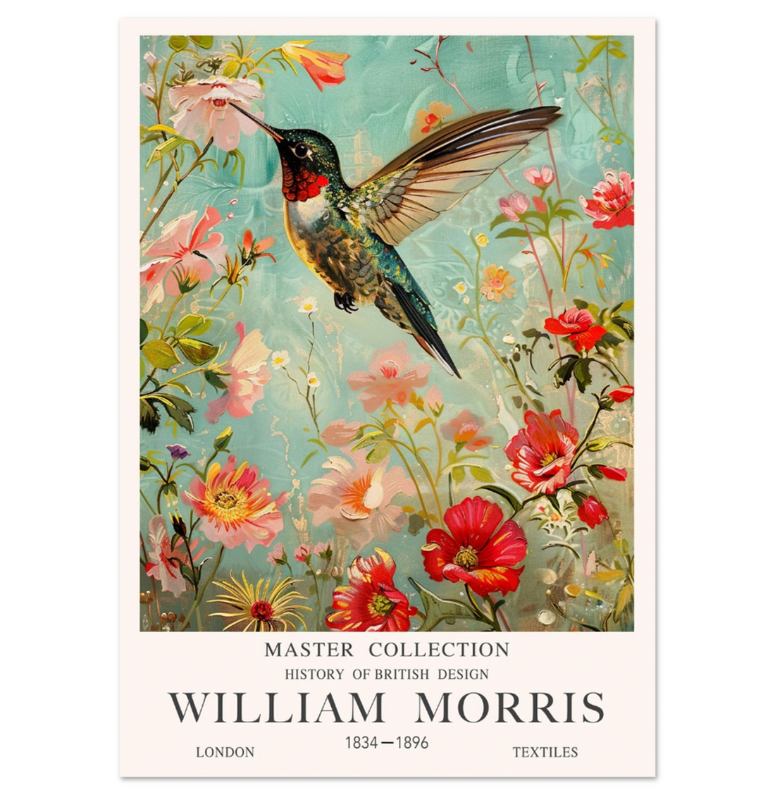 Humming Bird Print, Red Flower Print, Vintage William mOrris Style art print