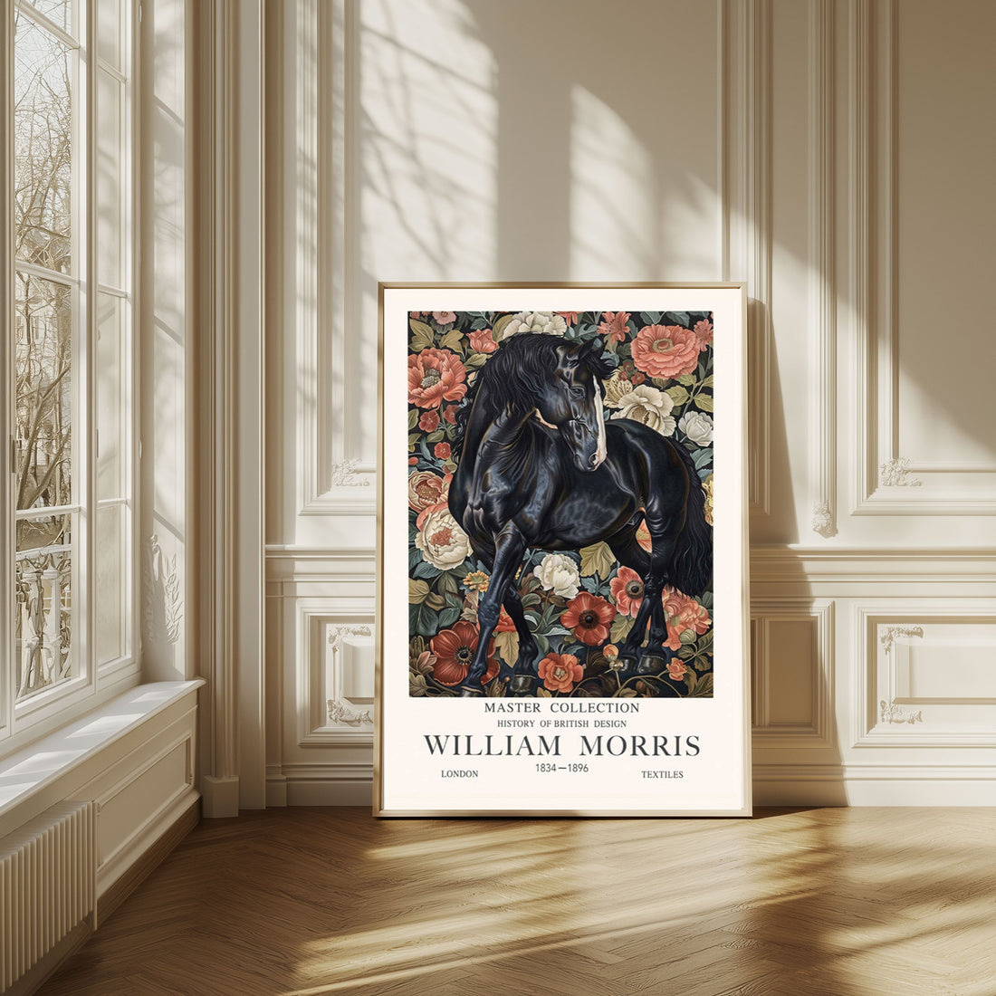 Horse Wall Art – Black Stallion  Animal Print with Floral Botanical Frame Inspired by William Morris, Ideal for Cottagecore or Victorian-Style Decor