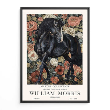 Horse Wall Art – Black Stallion Animal Print with Floral Botanical Frame Inspired by William Morris, Ideal for Cottagecore or Victorian-Style Decor