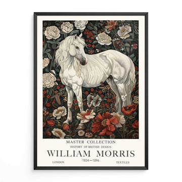 Horse Wall Art – Black Stallion Animal Print with Floral Botanical Frame Inspired by William Morris, Ideal for Cottagecore or Victorian-Style Decor