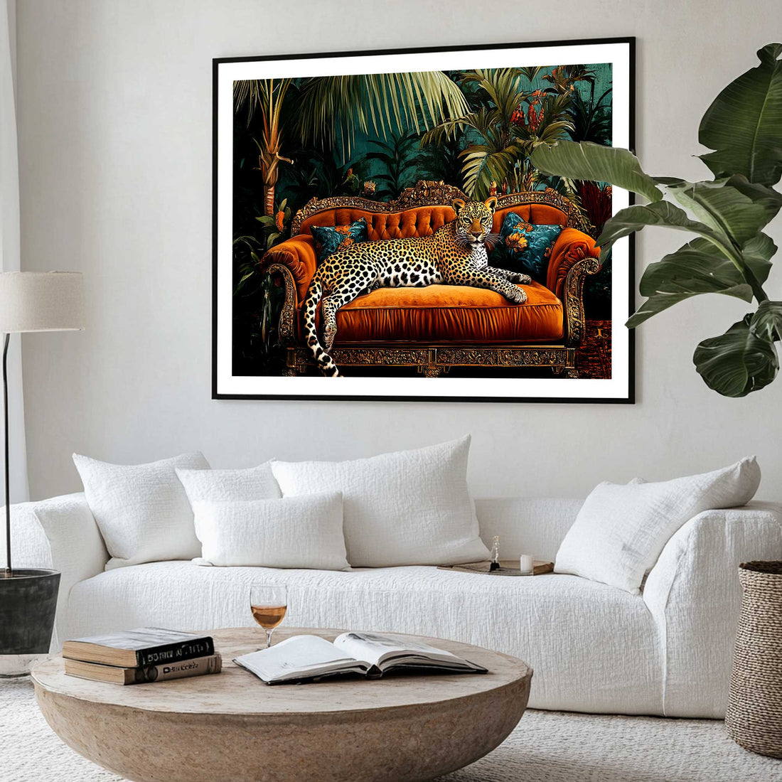 Maximalist Leopard on couch – Animal Print with Floral Botanical Frame Decor