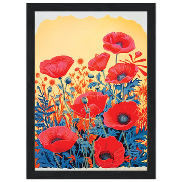 Red Poppies - Wooden Framed Poster, big floral art print, Red Poppies, Risograph Flowers, #illieeart