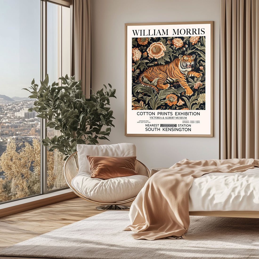 Vintage Tiger Wall Art – Animal Print with Floral Botanical Frame Inspired by William Morris, Ideal for Cottagecore or Victorian-Style Decor