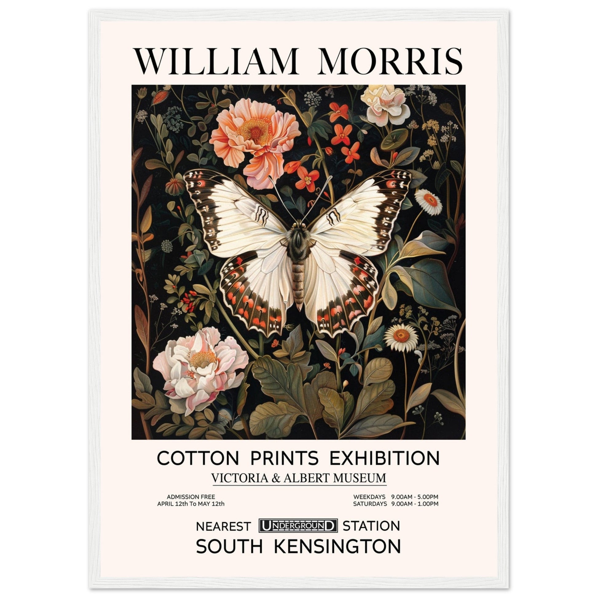 White Butterfly And Flowers - William Morris, Black and white, william morris, william morris framed, #illieeart