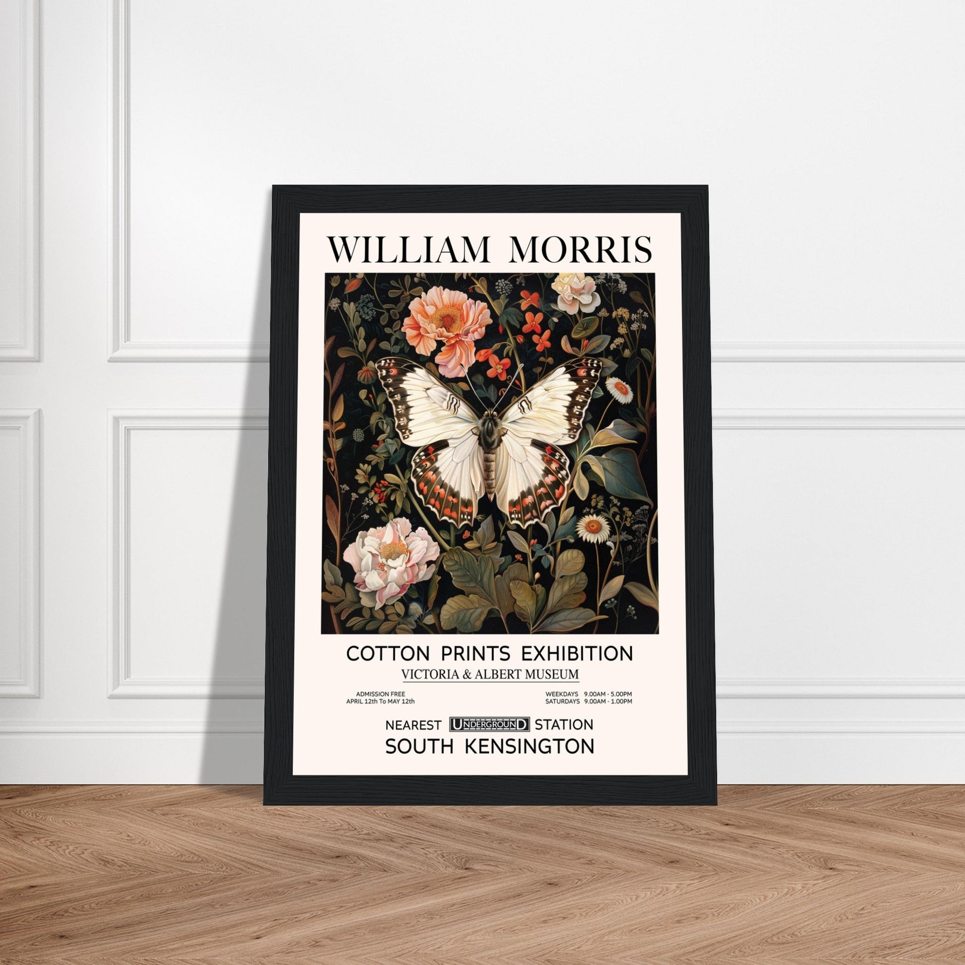 White Butterfly And Flowers - William Morris, Black and white, william morris, william morris framed, #illieeart
