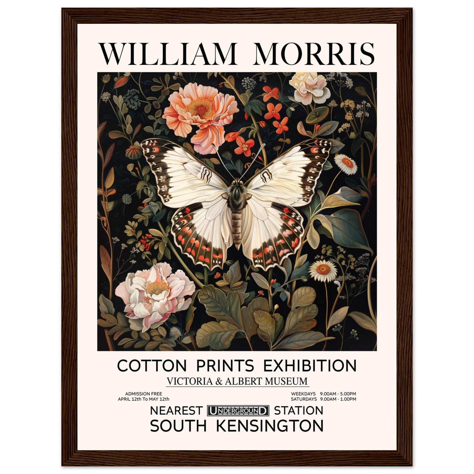 White Butterfly And Flowers - William Morris, Black and white, william morris, william morris framed, #illieeart