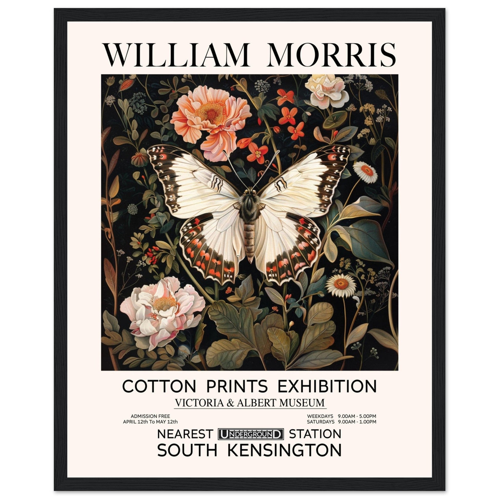 White Butterfly And Flowers - William Morris, Black and white, william morris, william morris framed, #illieeart
