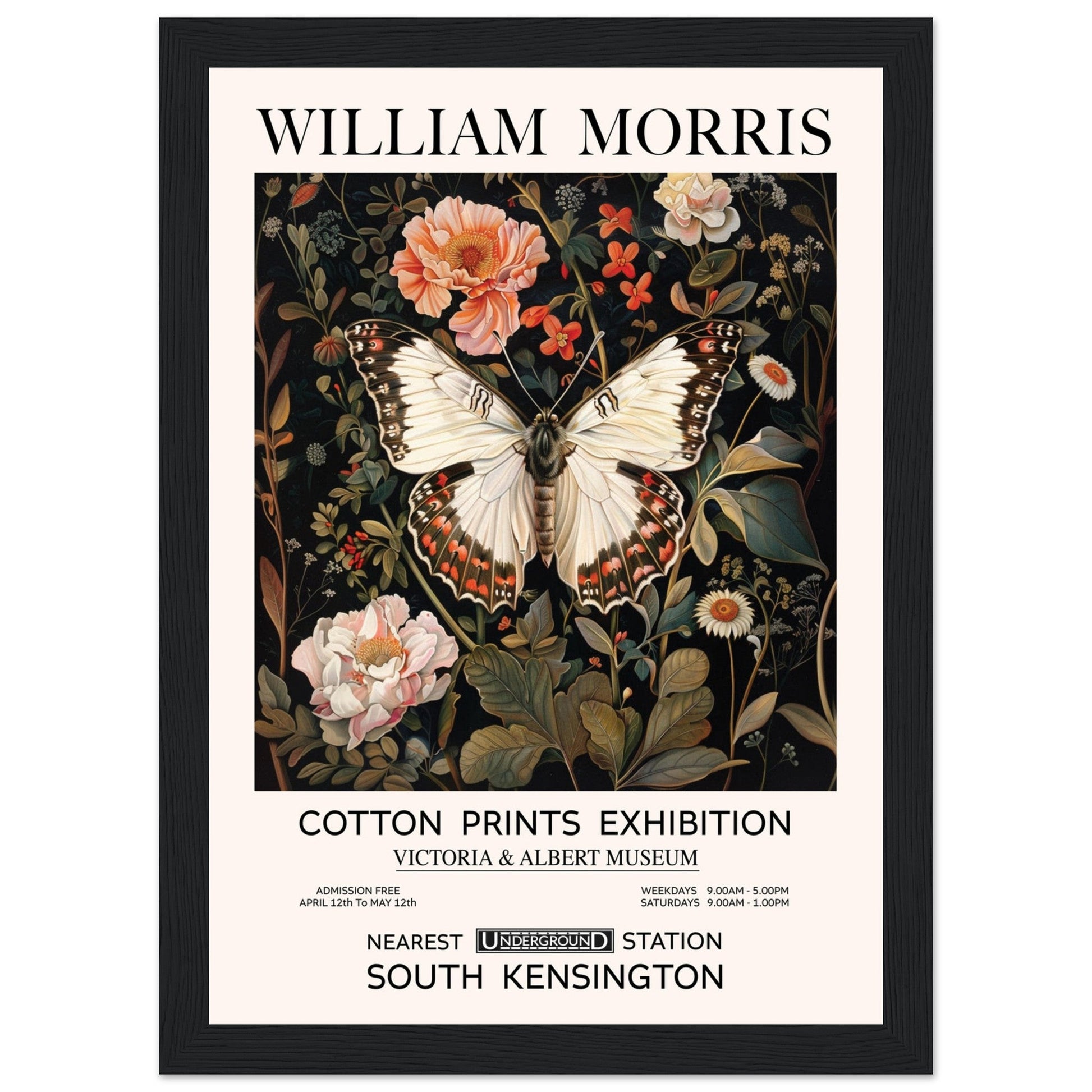 White Butterfly And Flowers - William Morris, Black and white, william morris, william morris framed, #illieeart