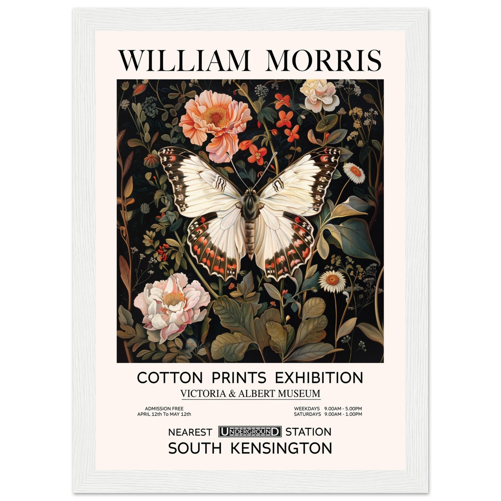 White Butterfly And Flowers - William Morris, Black and white, william morris, william morris framed, #illieeart