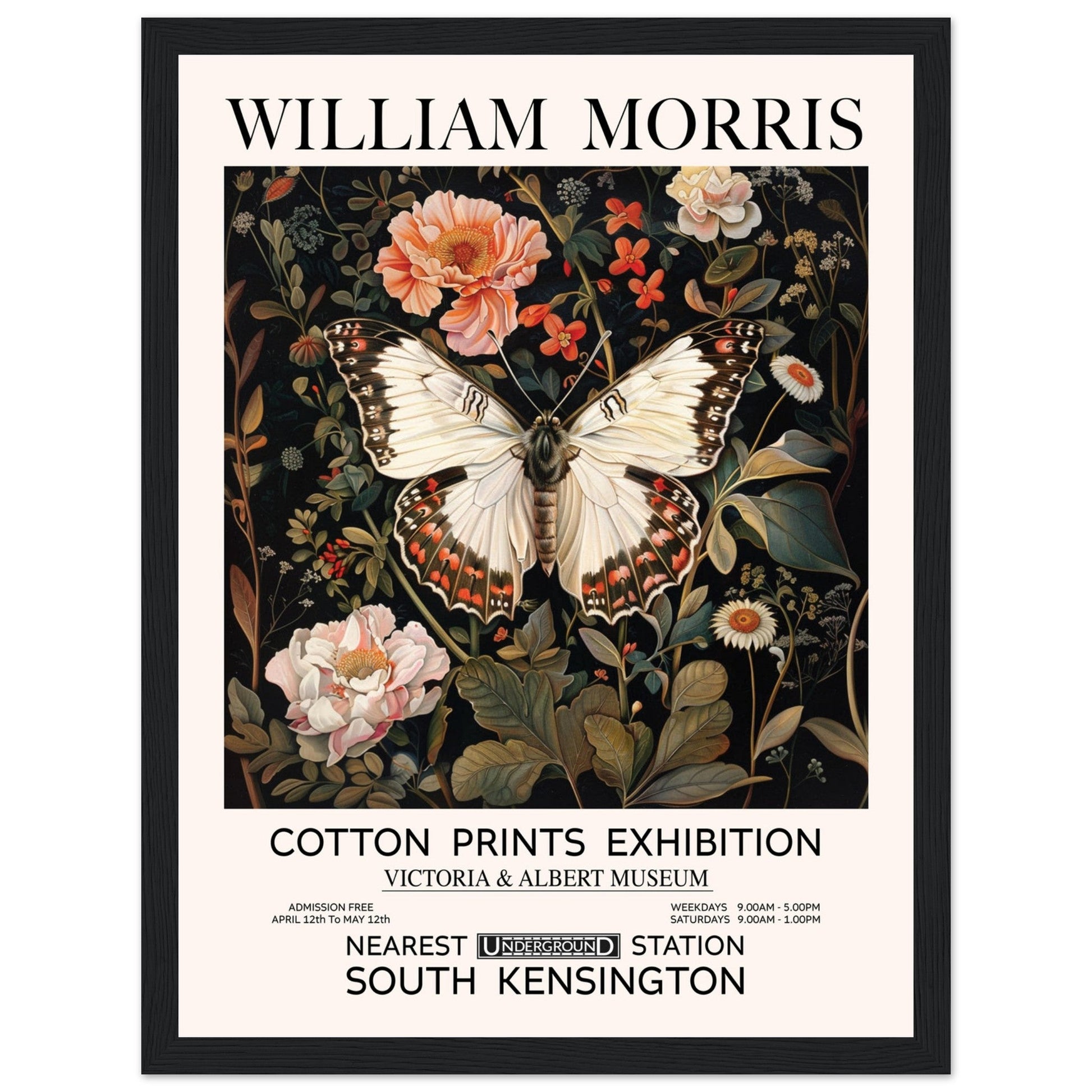 White Butterfly And Flowers - William Morris, Black and white, william morris, william morris framed, #illieeart