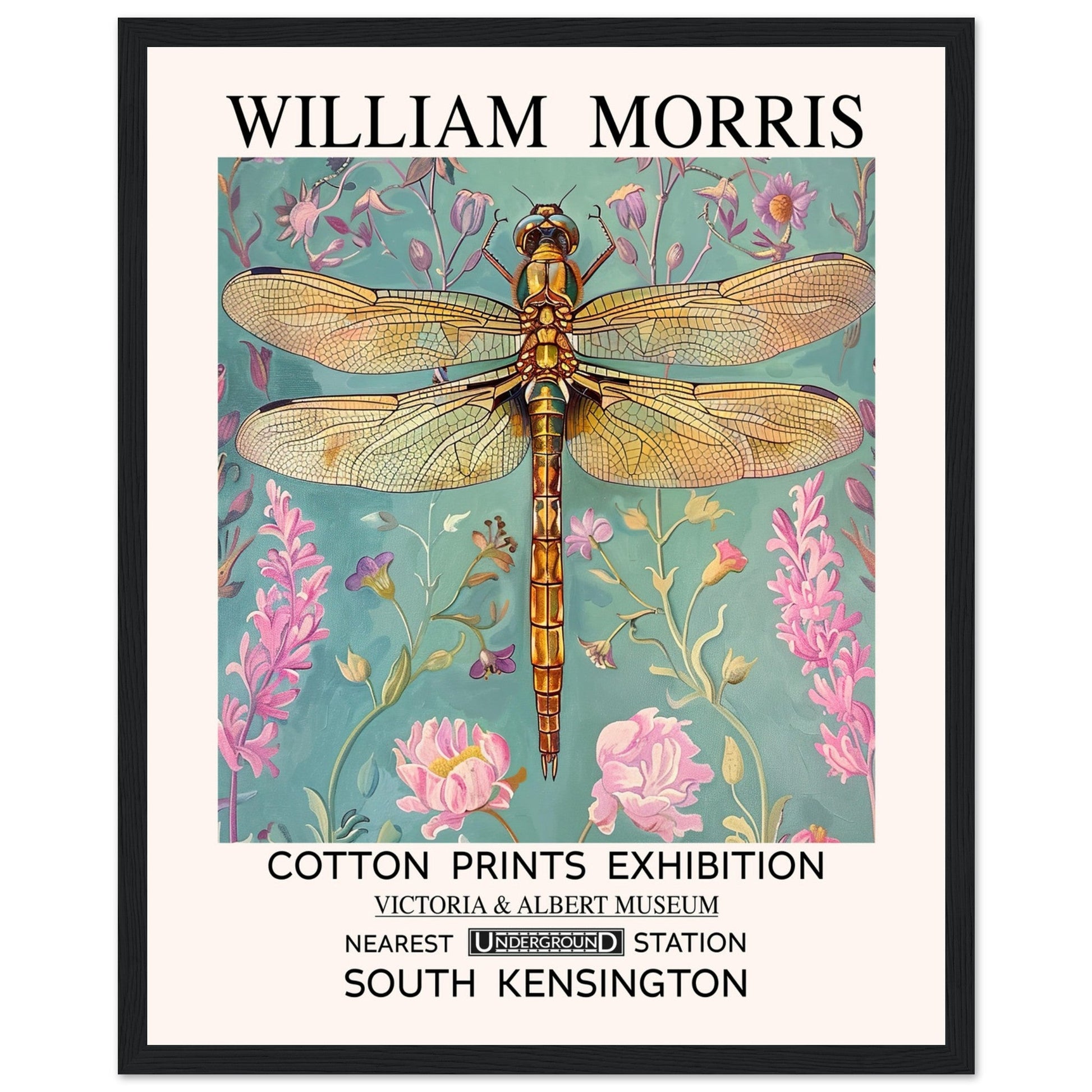 William Morris Framed Print - The Dragonfly, Blue, Floral Background, Framed Art print, #illieeart