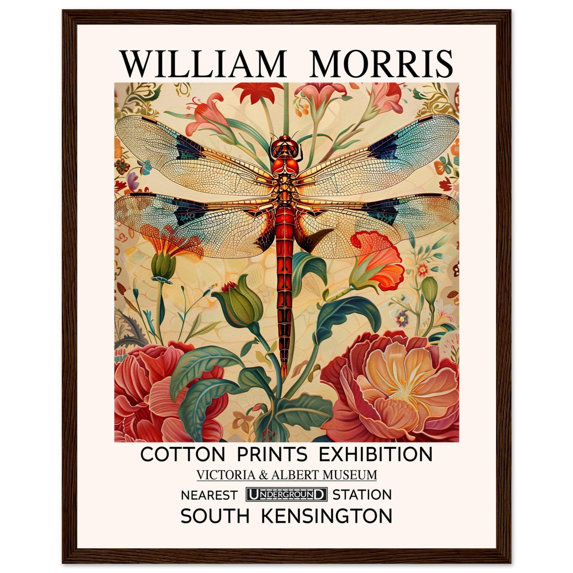William Morris Framed Print - The Dragonfly, cream, Floral Background, Framed Art print, #illieeart