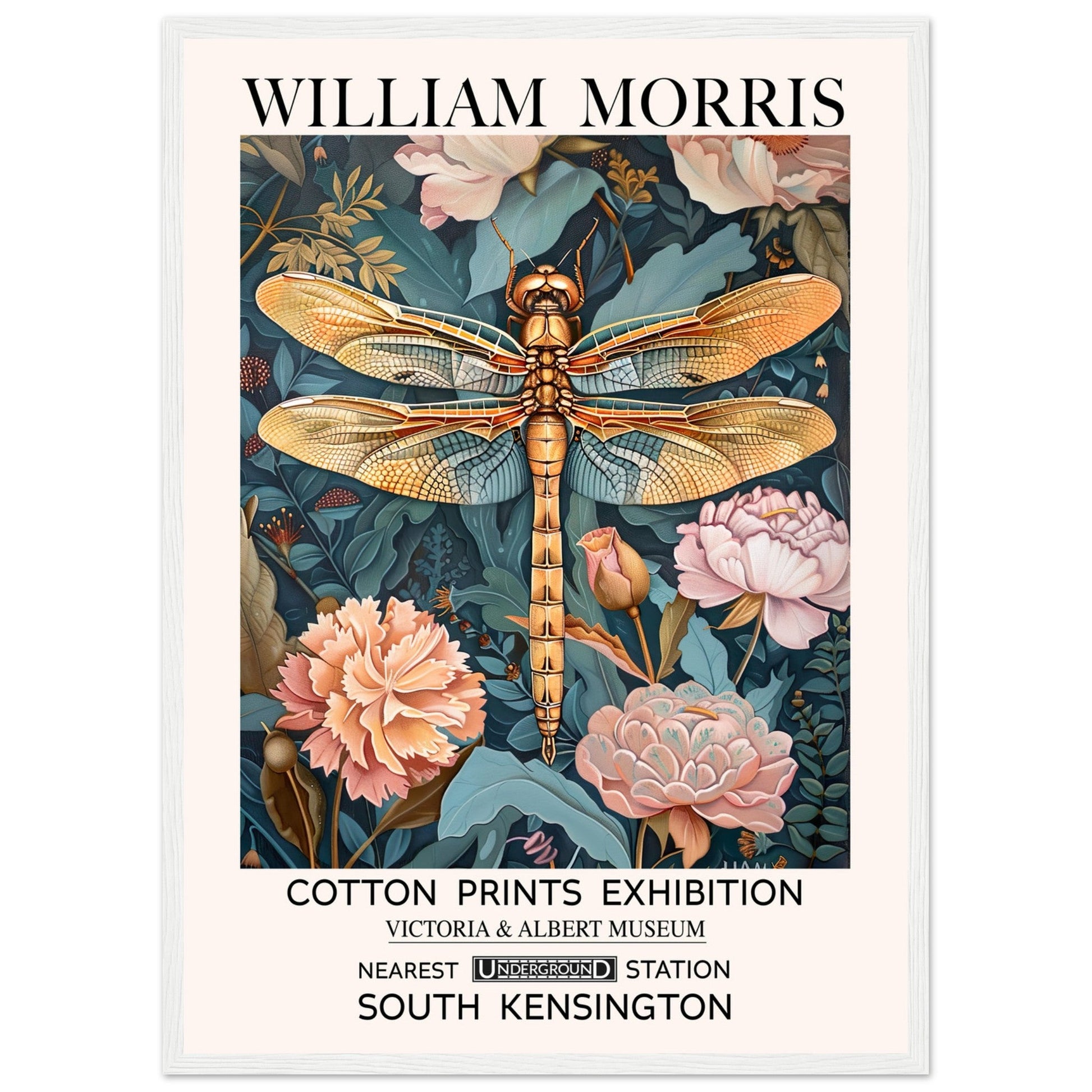 William Morris Framed Print - The Dragonfly, Floral Background, Framed Art print, Teal, #illieeart