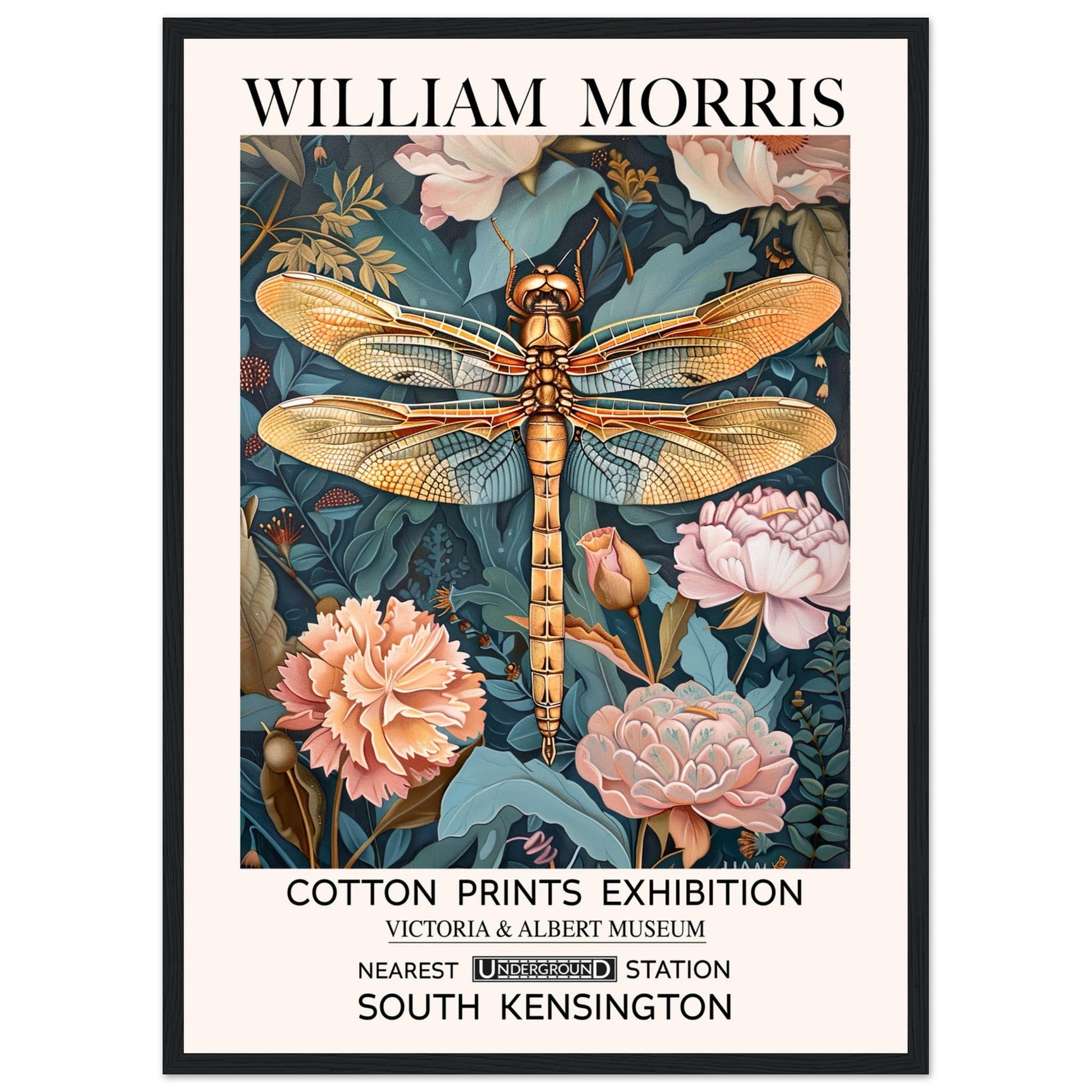 William Morris Framed Print - The Dragonfly, Floral Background, Framed Art print, Teal, #illieeart
