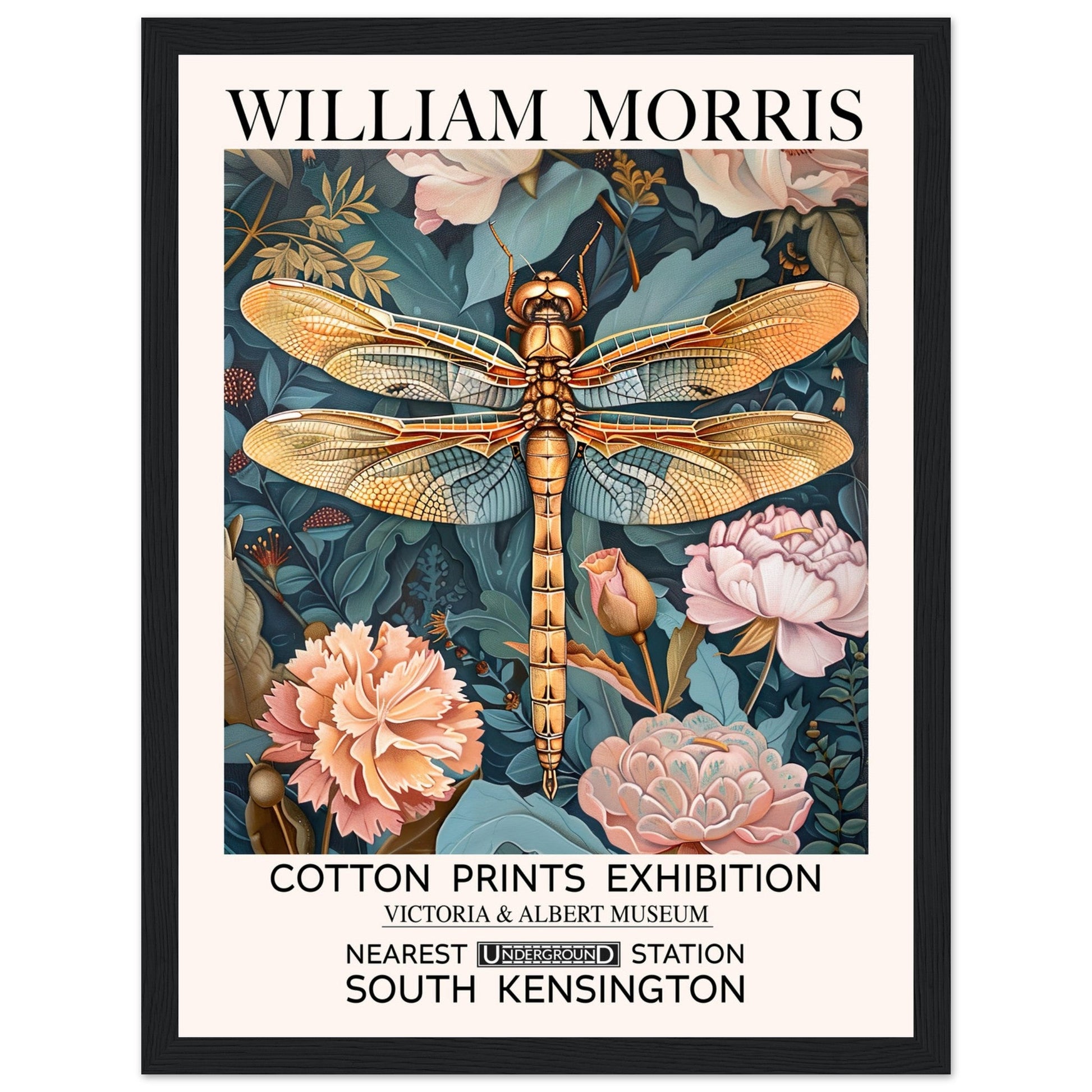 William Morris Framed Print - The Dragonfly, Floral Background, Framed Art print, Teal, #illieeart