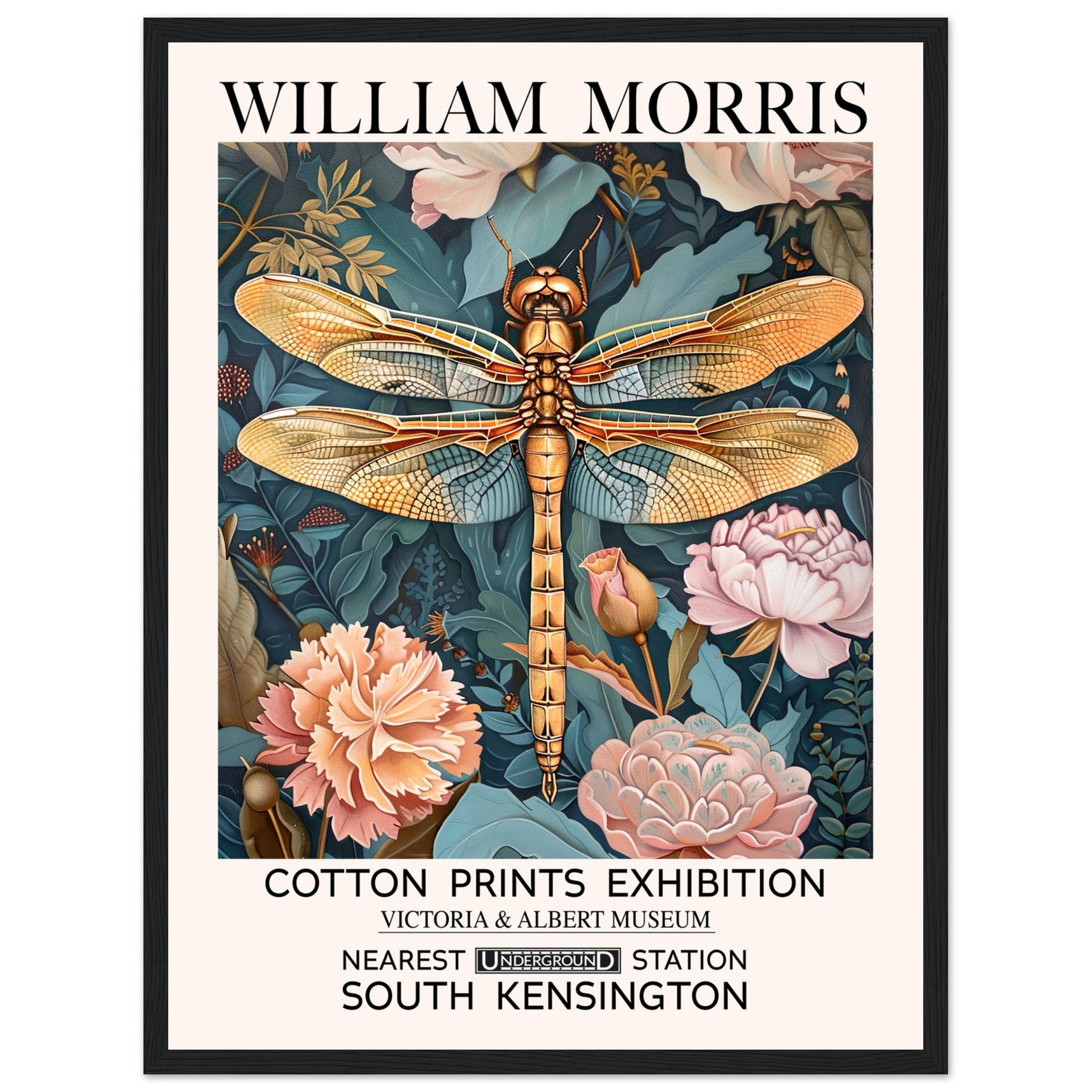 William Morris Framed Print - The Dragonfly, Floral Background, Framed Art print, Teal, #illieeart