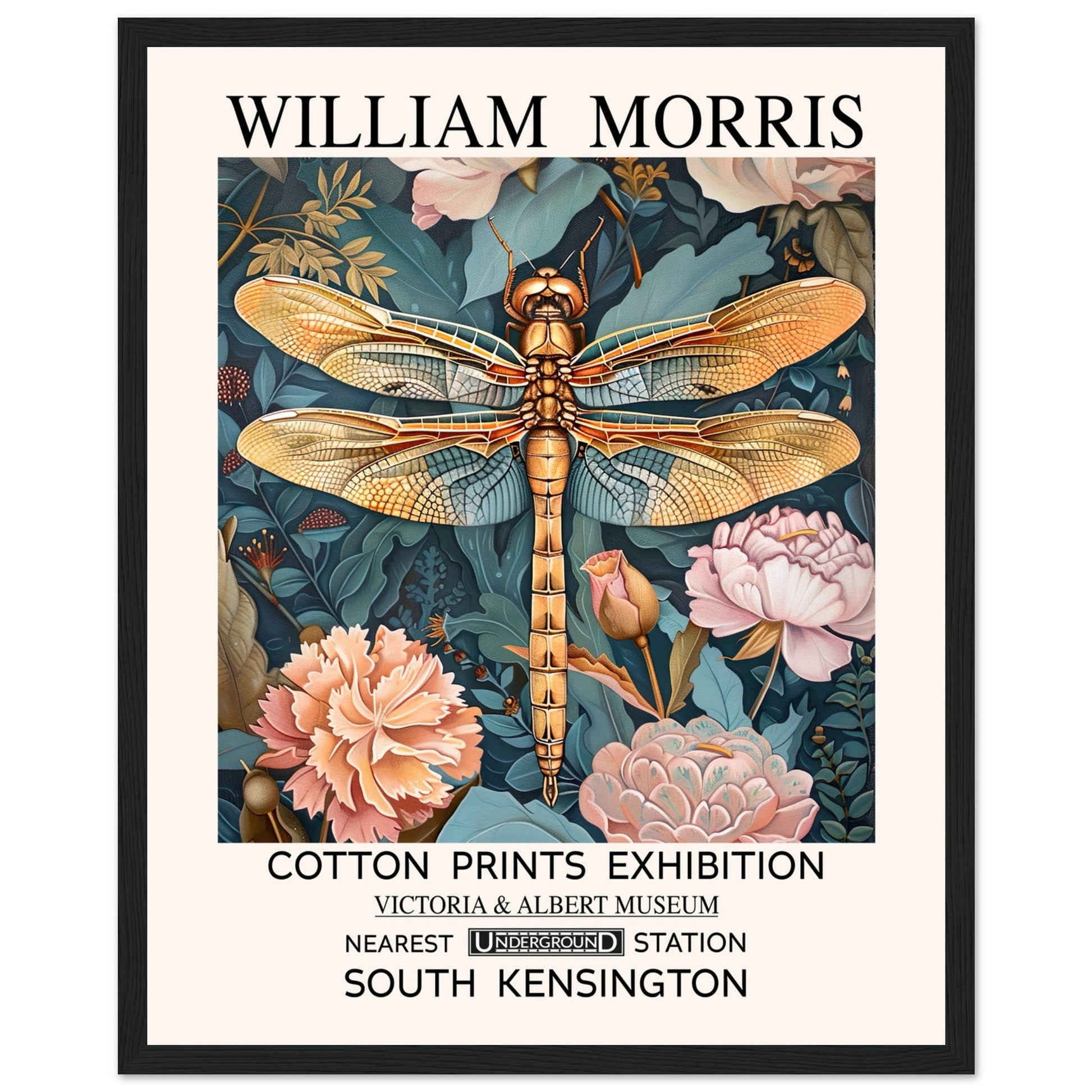 William Morris Framed Print - The Dragonfly, Floral Background, Framed Art print, Teal, #illieeart