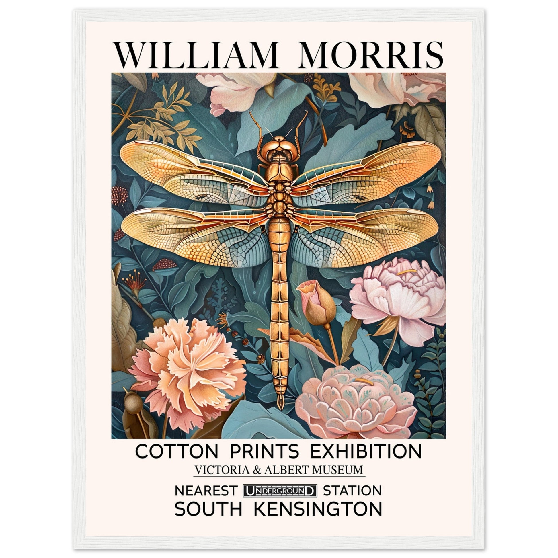 William Morris Framed Print - The Dragonfly, Floral Background, Framed Art print, Teal, #illieeart
