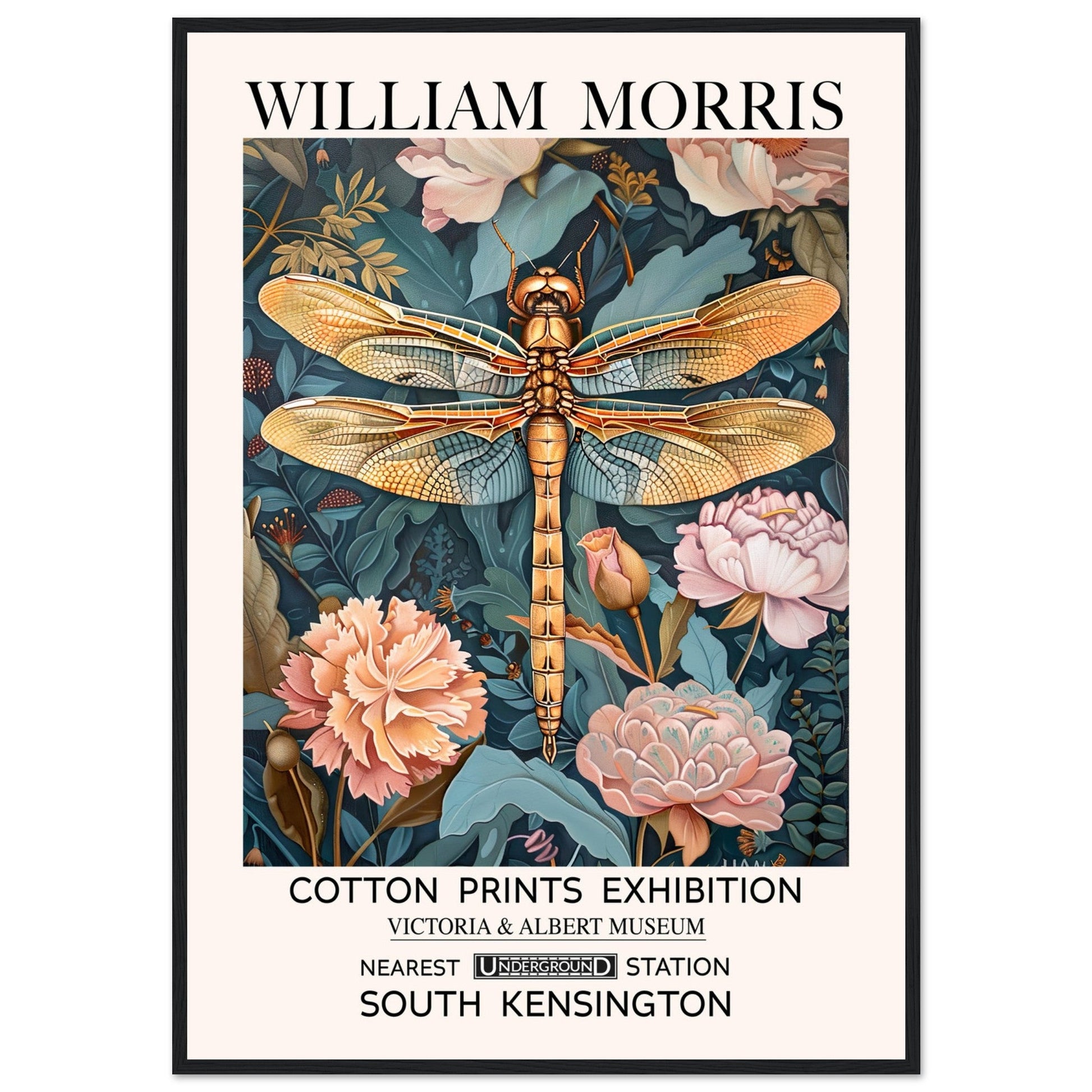 William Morris Framed Print - The Dragonfly, Floral Background, Framed Art print, Teal, #illieeart