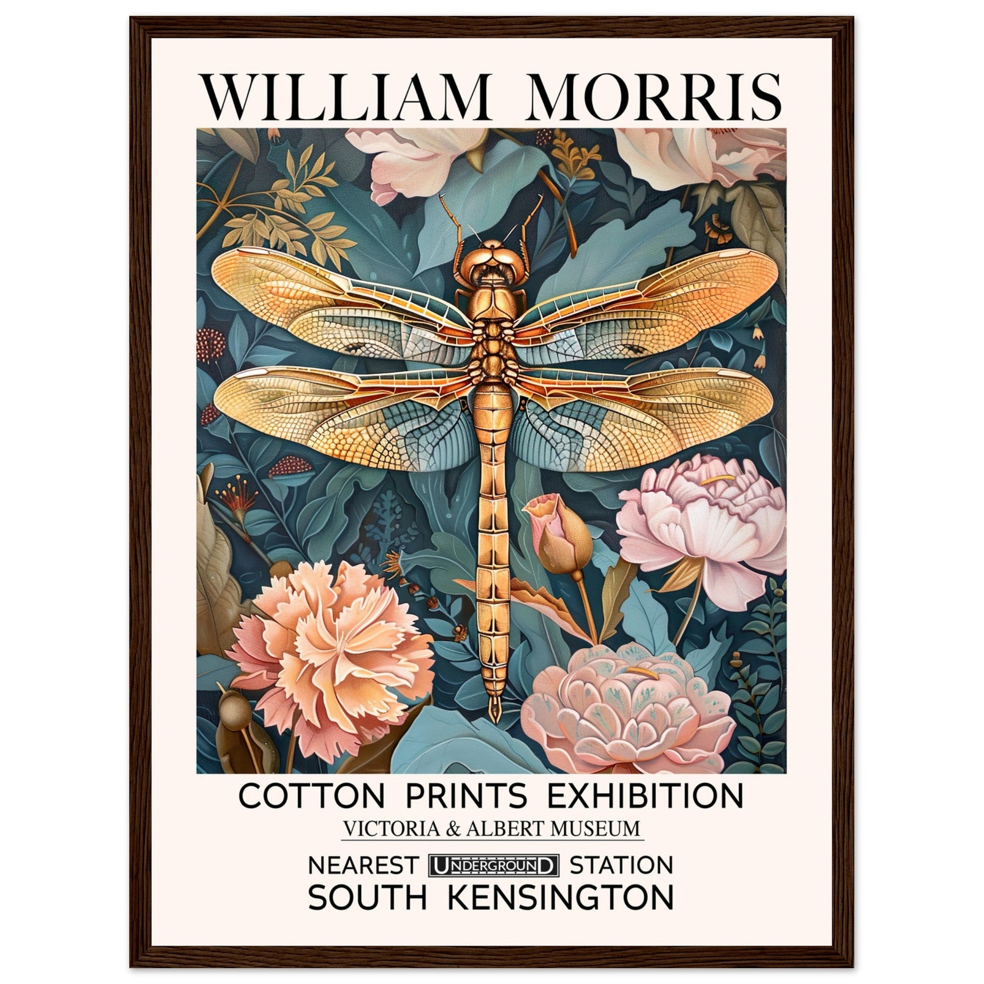 William Morris Framed Print - The Dragonfly, Floral Background, Framed Art print, Teal, #illieeart