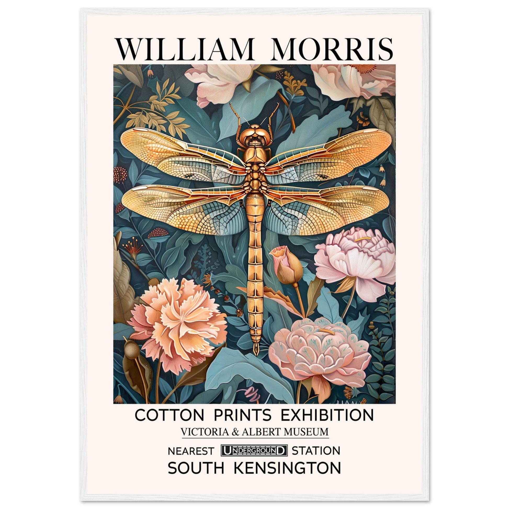 William Morris Framed Print - The Dragonfly, Floral Background, Framed Art print, Teal, #illieeart