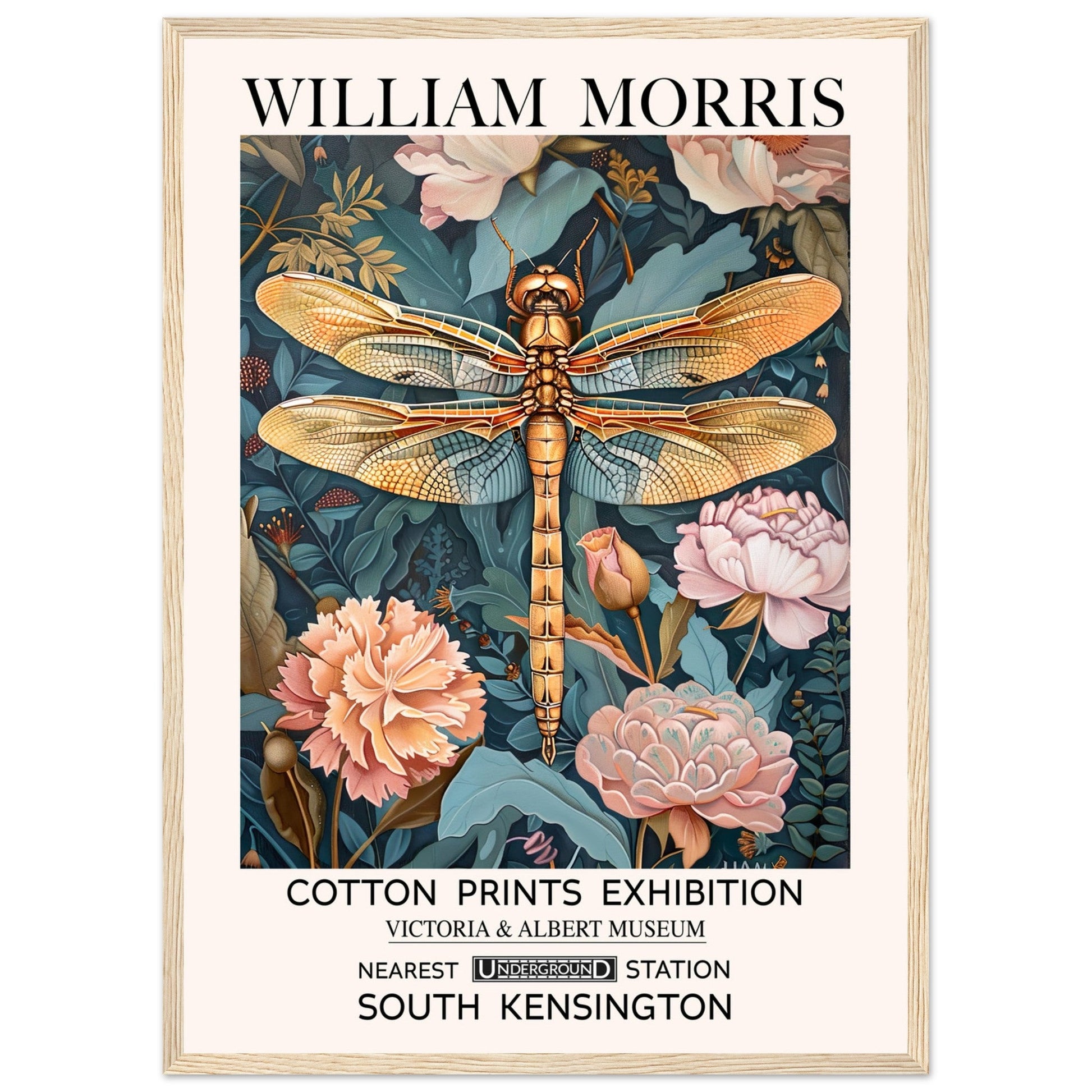 William Morris Framed Print - The Dragonfly, Floral Background, Framed Art print, Teal, #illieeart