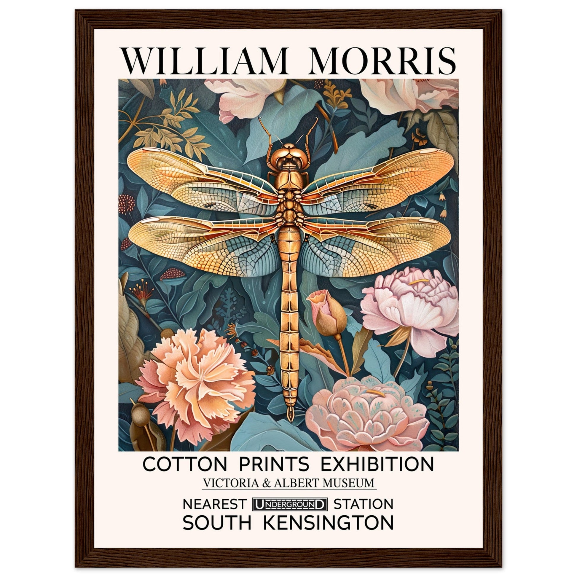 William Morris Framed Print - The Dragonfly, Floral Background, Framed Art print, Teal, #illieeart