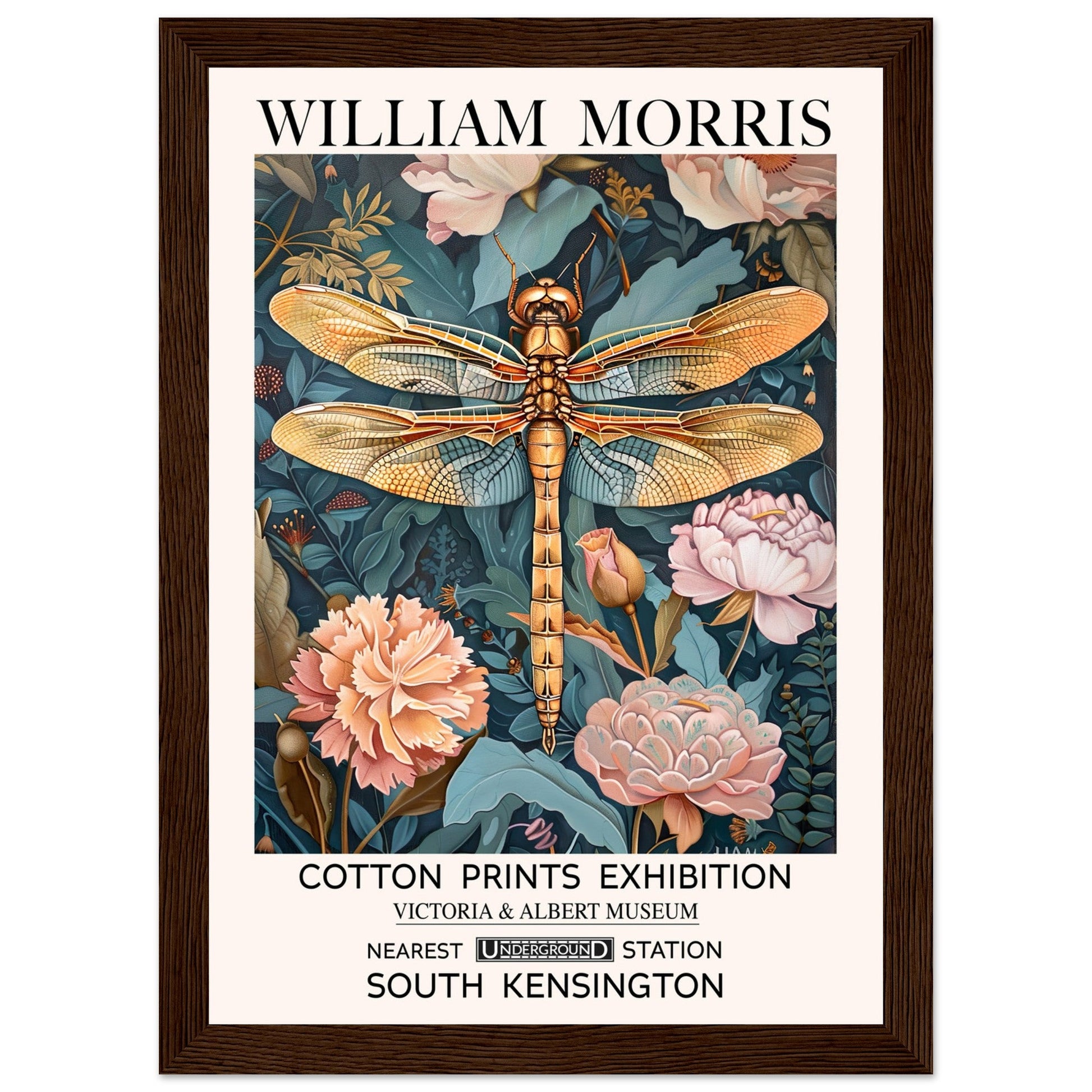 William Morris Framed Print - The Dragonfly, Floral Background, Framed Art print, Teal, #illieeart