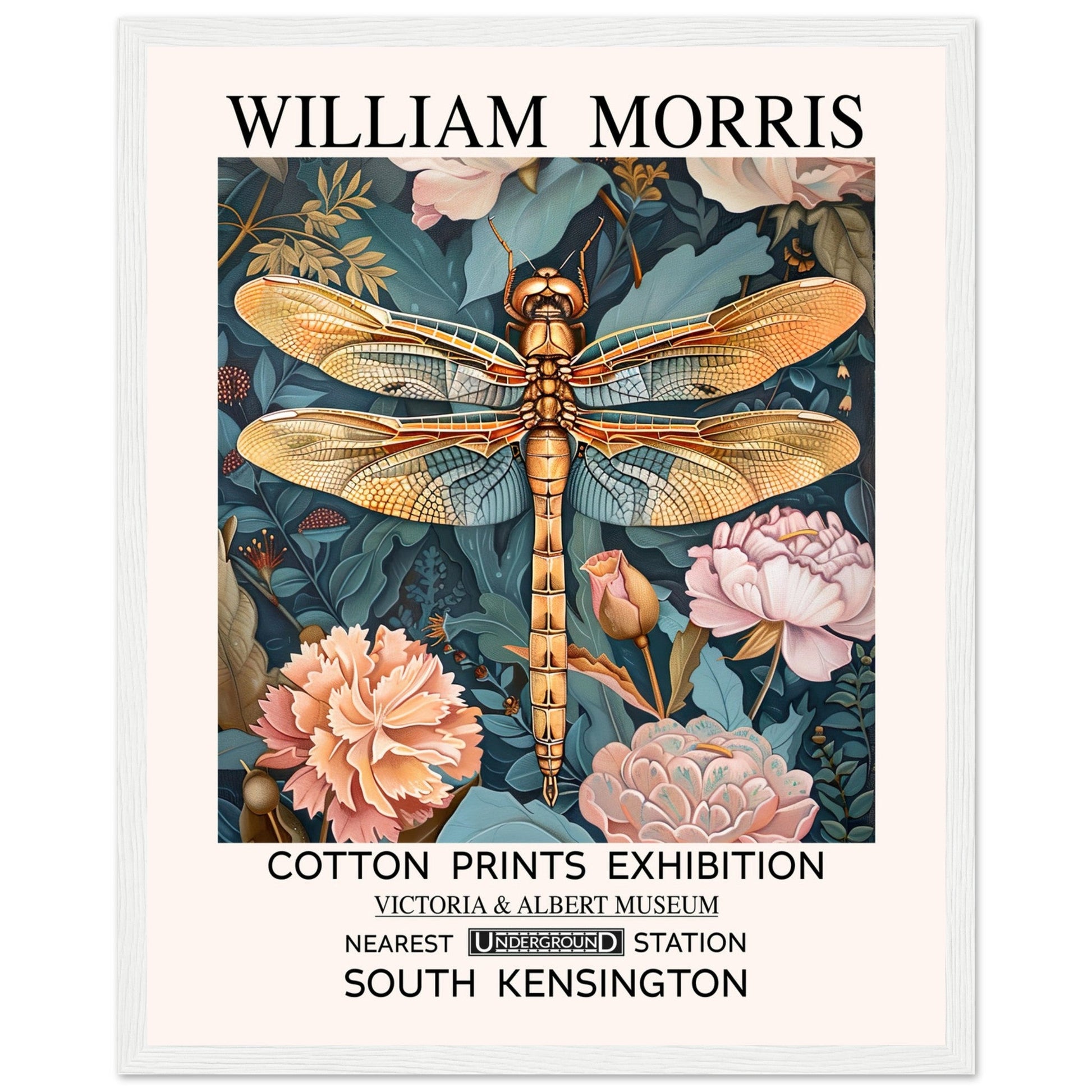 William Morris Framed Print - The Dragonfly, Floral Background, Framed Art print, Teal, #illieeart