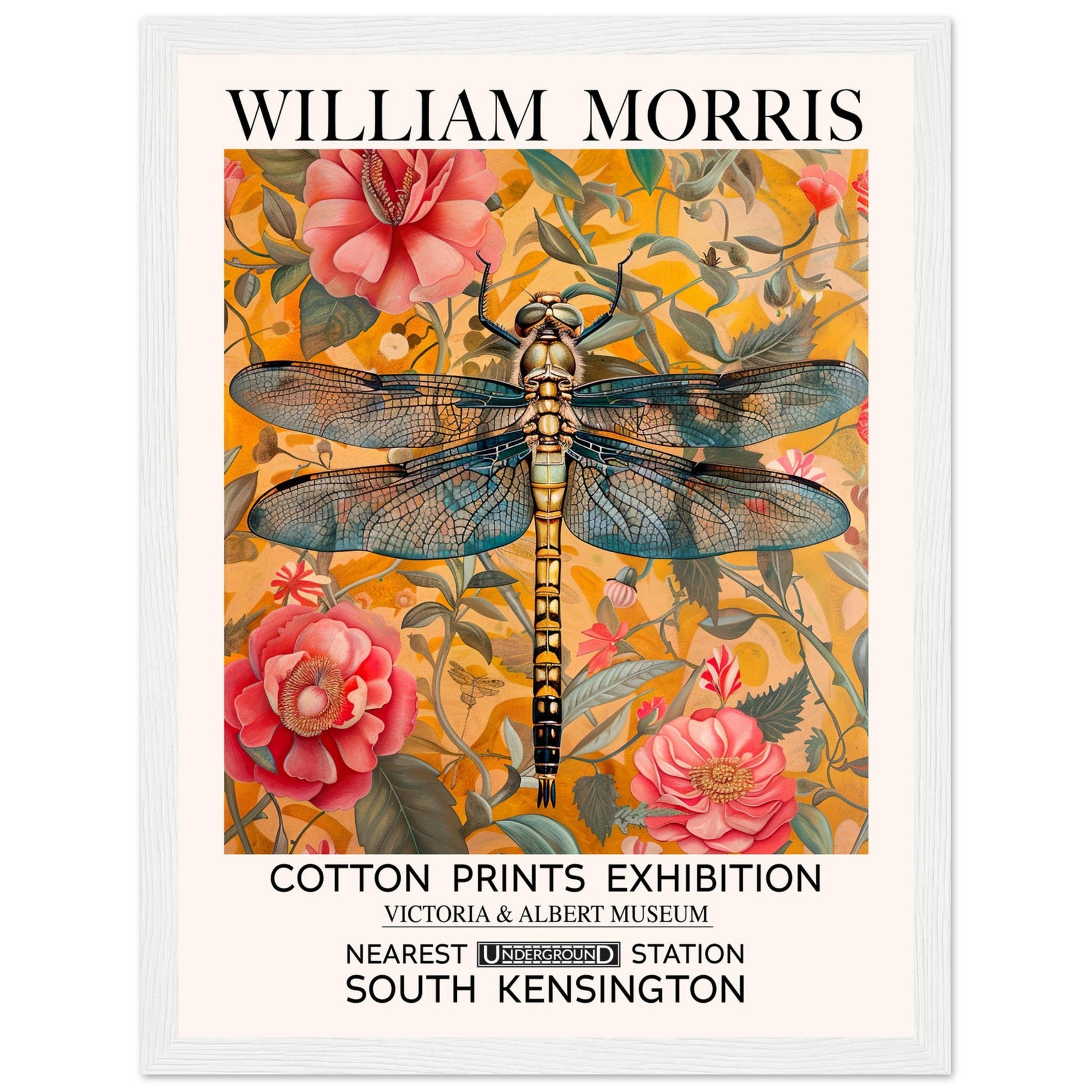 William Morris Framed Print - The Dragonfly, Floral Background, Framed Art print, yellow, #illieeart