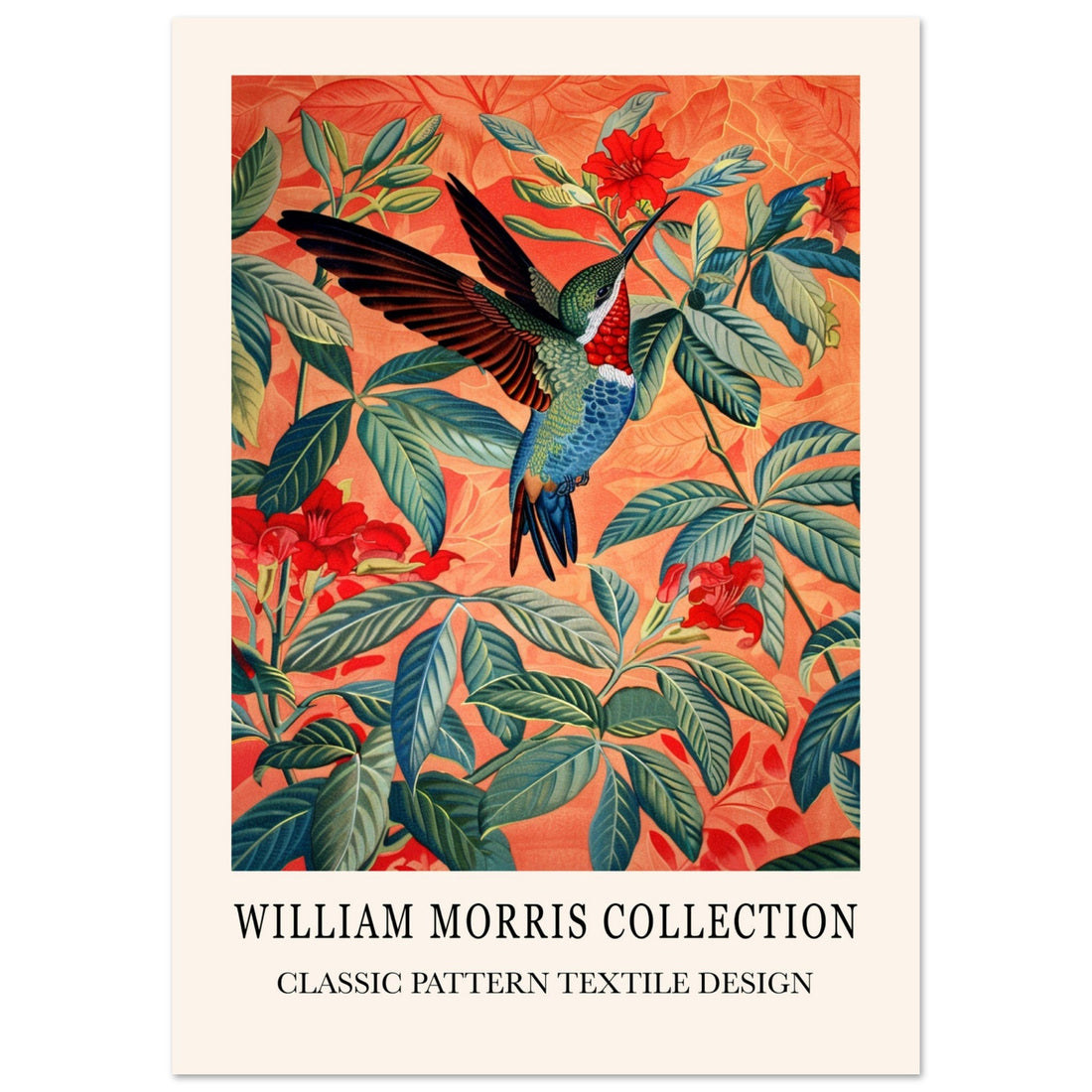 Humming Bird, Luxury William Morris Style Print, Orange Green Print