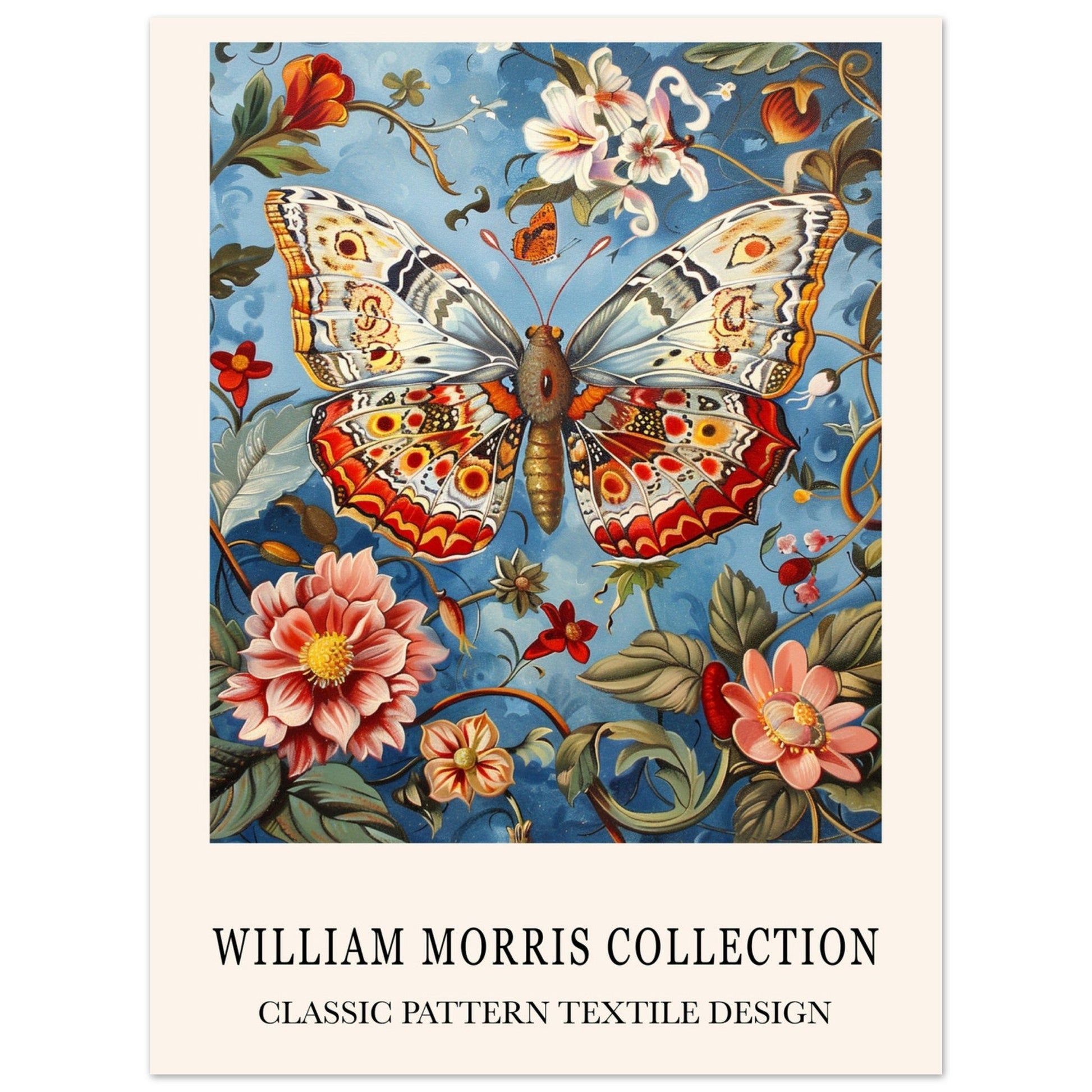 Butterfly And Flowers - William Morris, animal, Arts & Crafts, Blue, #illieeart