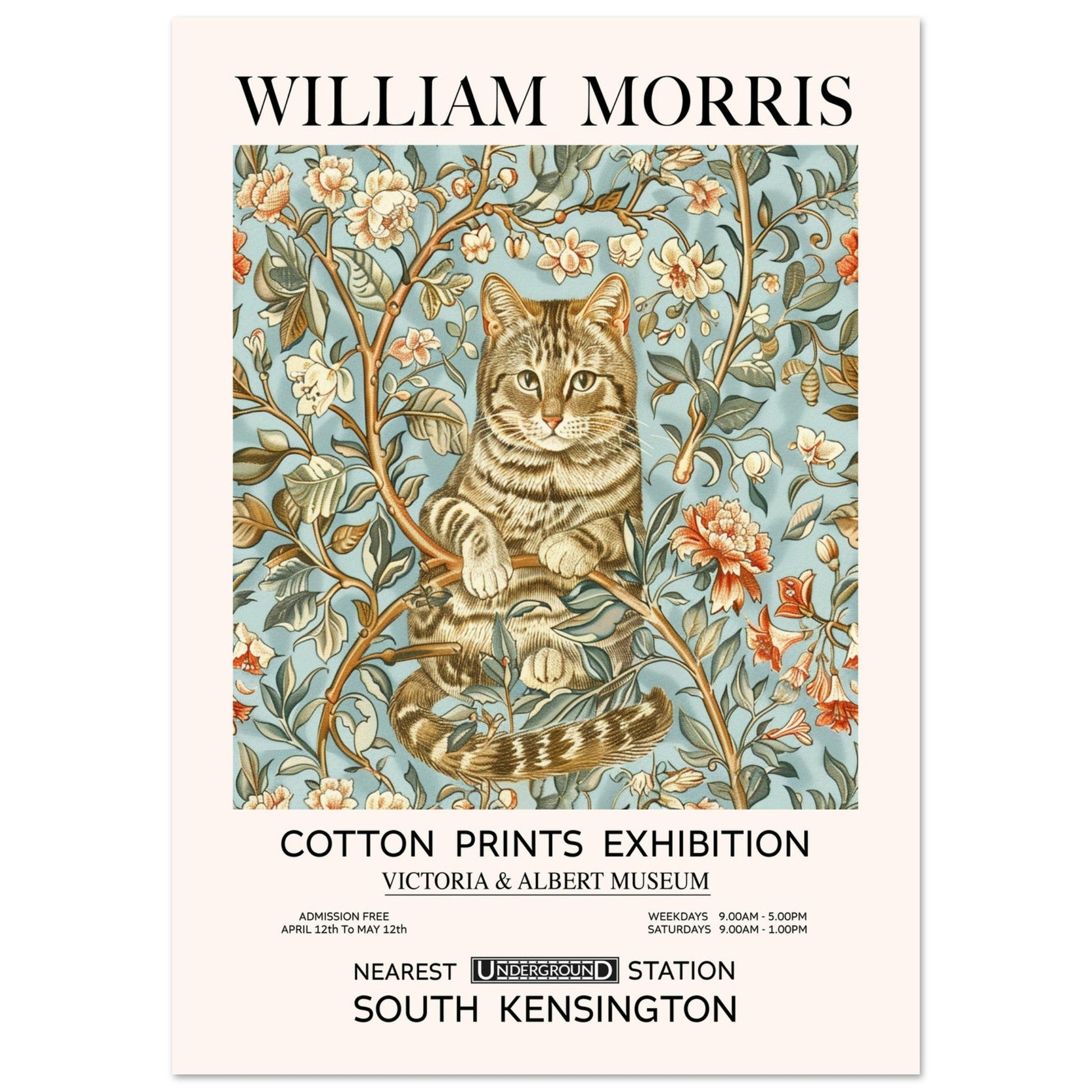 William Morris Style Tabby cat and flower Print Portrait, for living room bed room gift for cat lovers, Blue and Pink Print