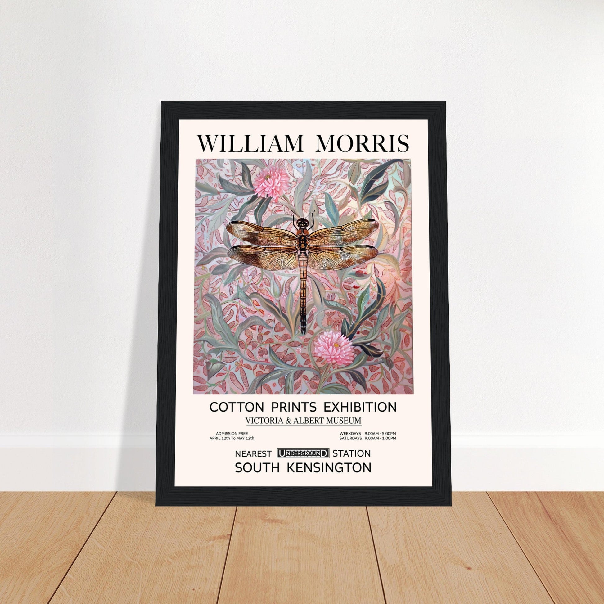 William Morris - Pink Daisies And Dragonfly - Framed Print, Art Nouveau, Floral Background, , #illieeart